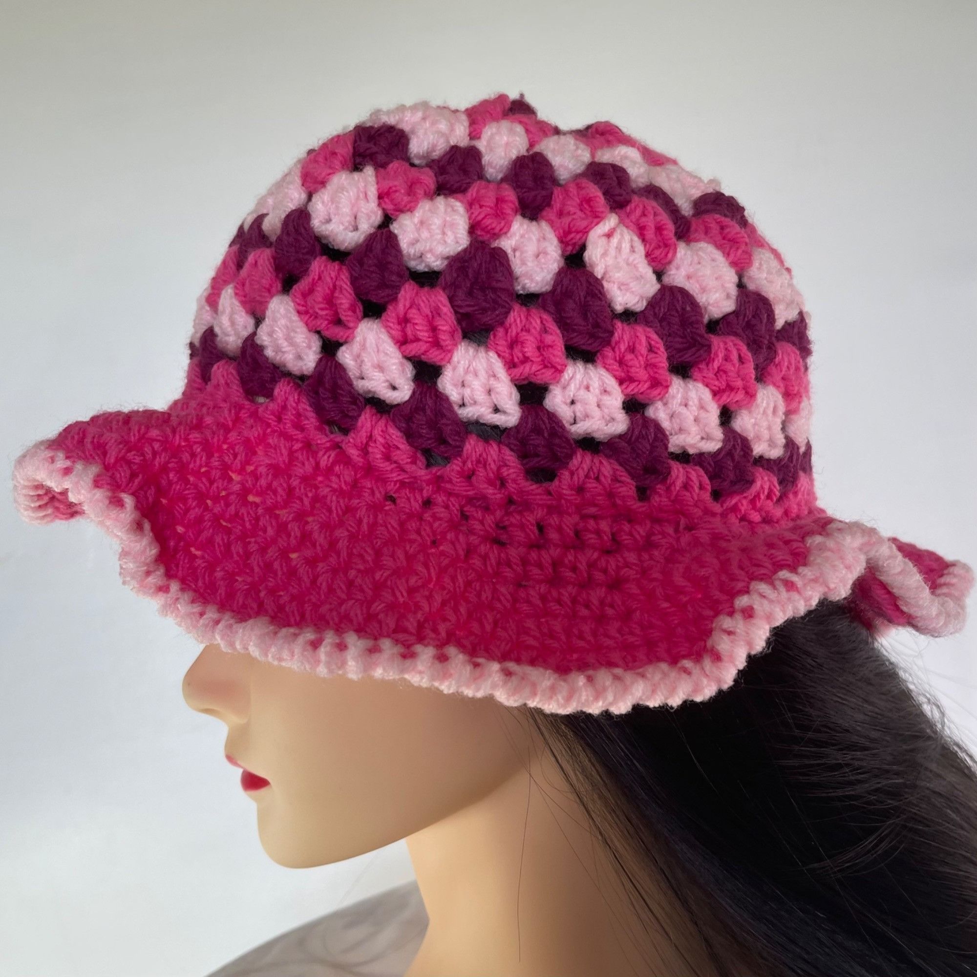 Handmade Crochet Bucket Hat Granny Square Pattern Pink and Burgundy A Size ONE SIZE - 3 Thumbnail