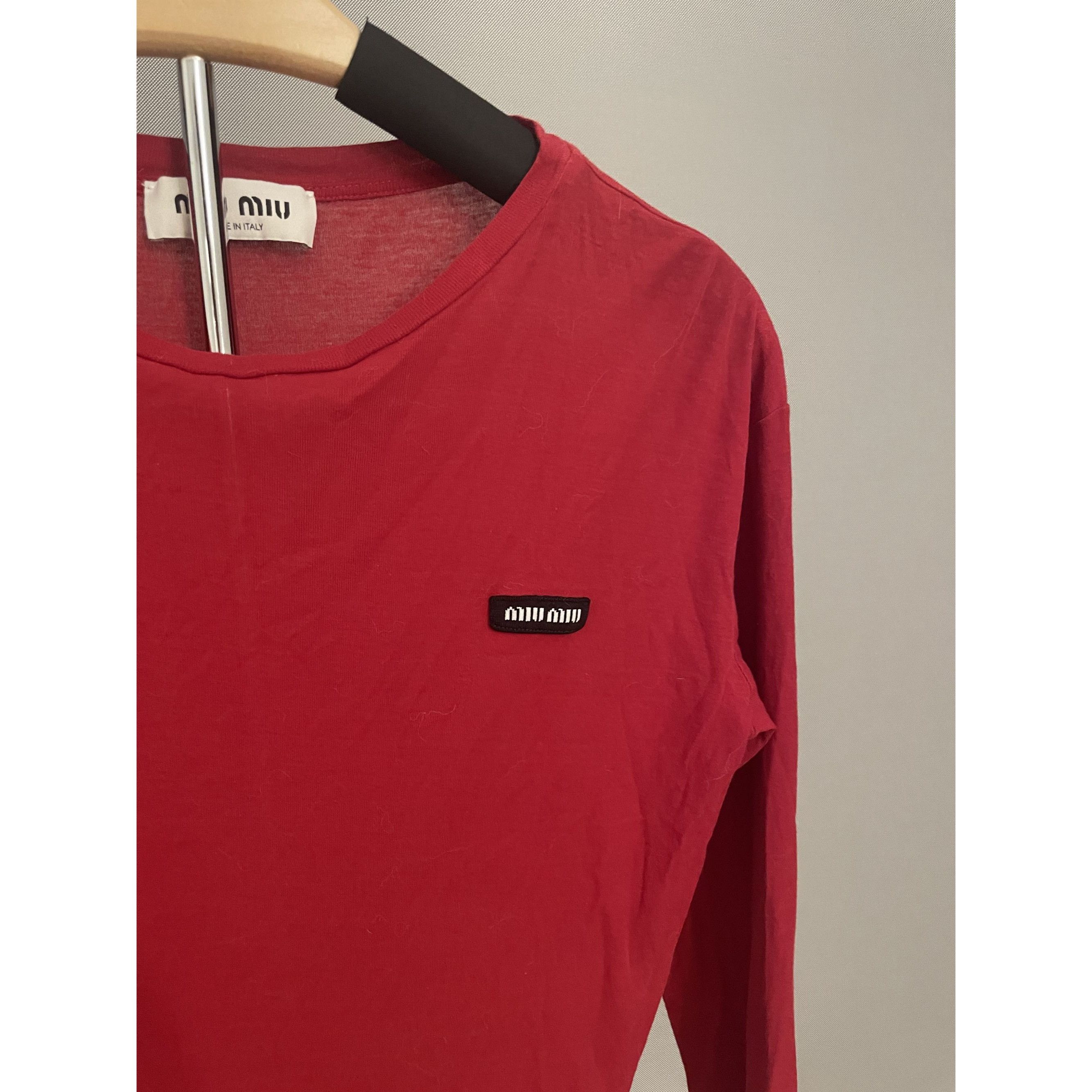 Miu Miu Miu Miu Womens Red Long-Sleeve Crewneck T-Shirt With Logo Pa Size S / US 4 / IT 40 - 3 Thumbnail