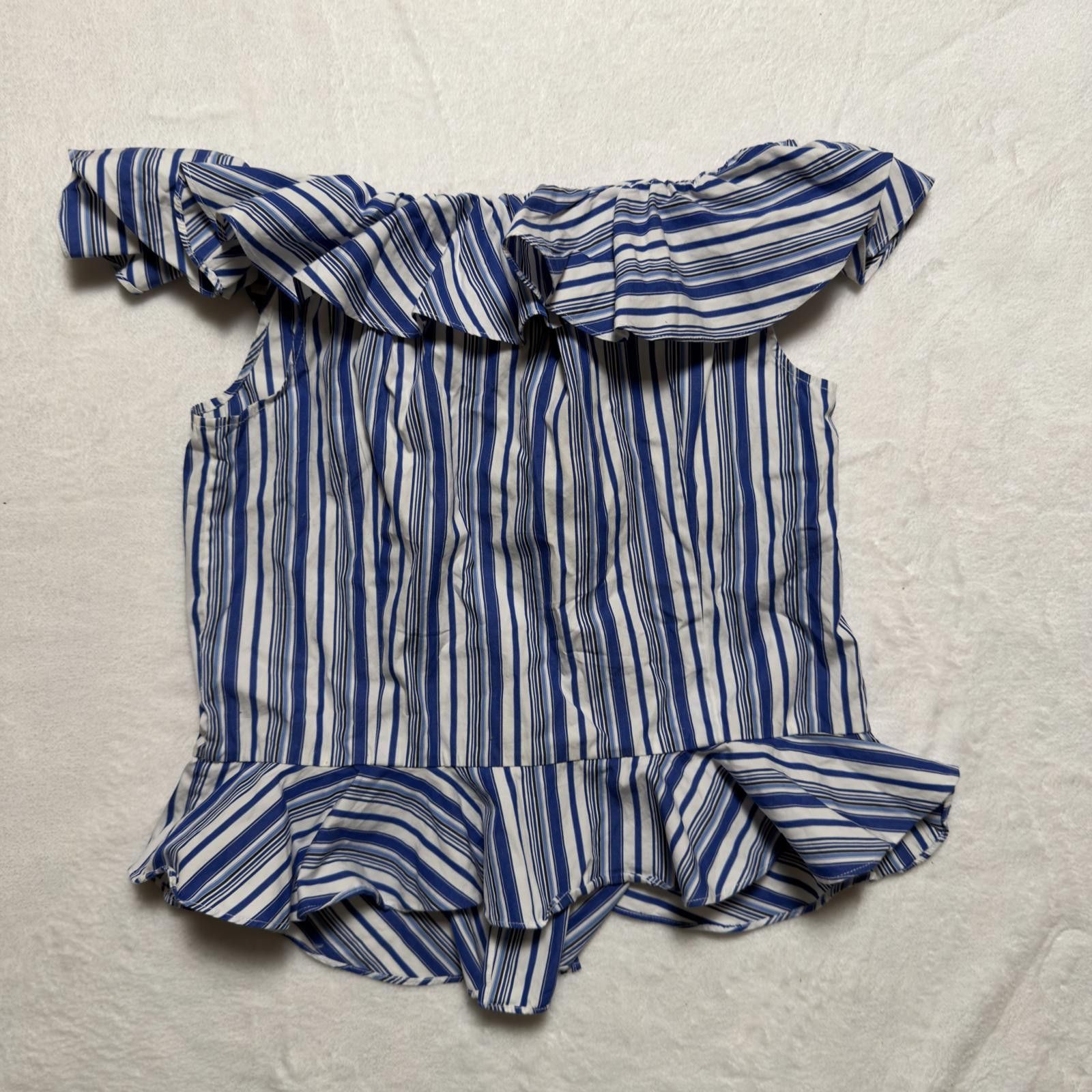 Lauren Ralph Lauren Lauren Ralph Lauren Blue Striped Off-Shoulder Ruffle Blouse Size M / US 6-8 / IT 42-44 - 2 Thumbnail