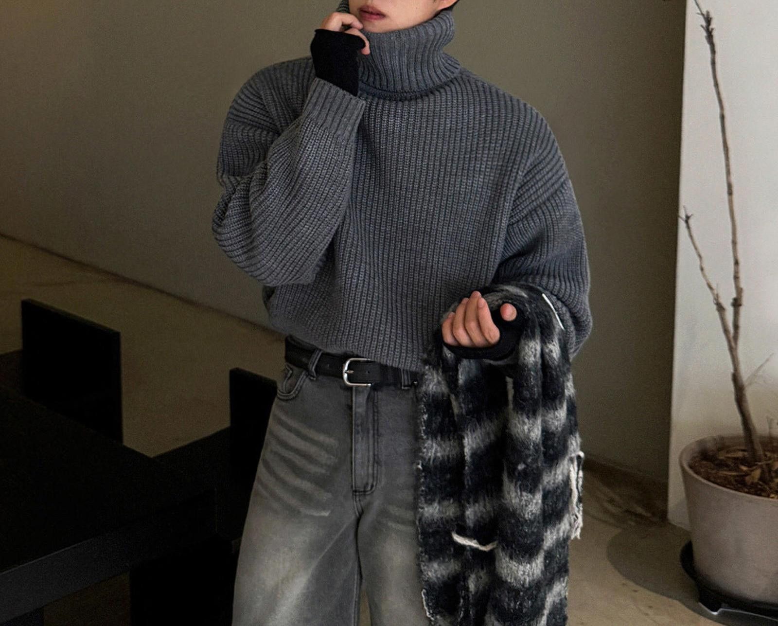 Vintage Gray Oversized Turtleneck Ribbed Sweater, Cozy Knitwear Size US M / EU 48-50 / 2 - 1 Thumbnail