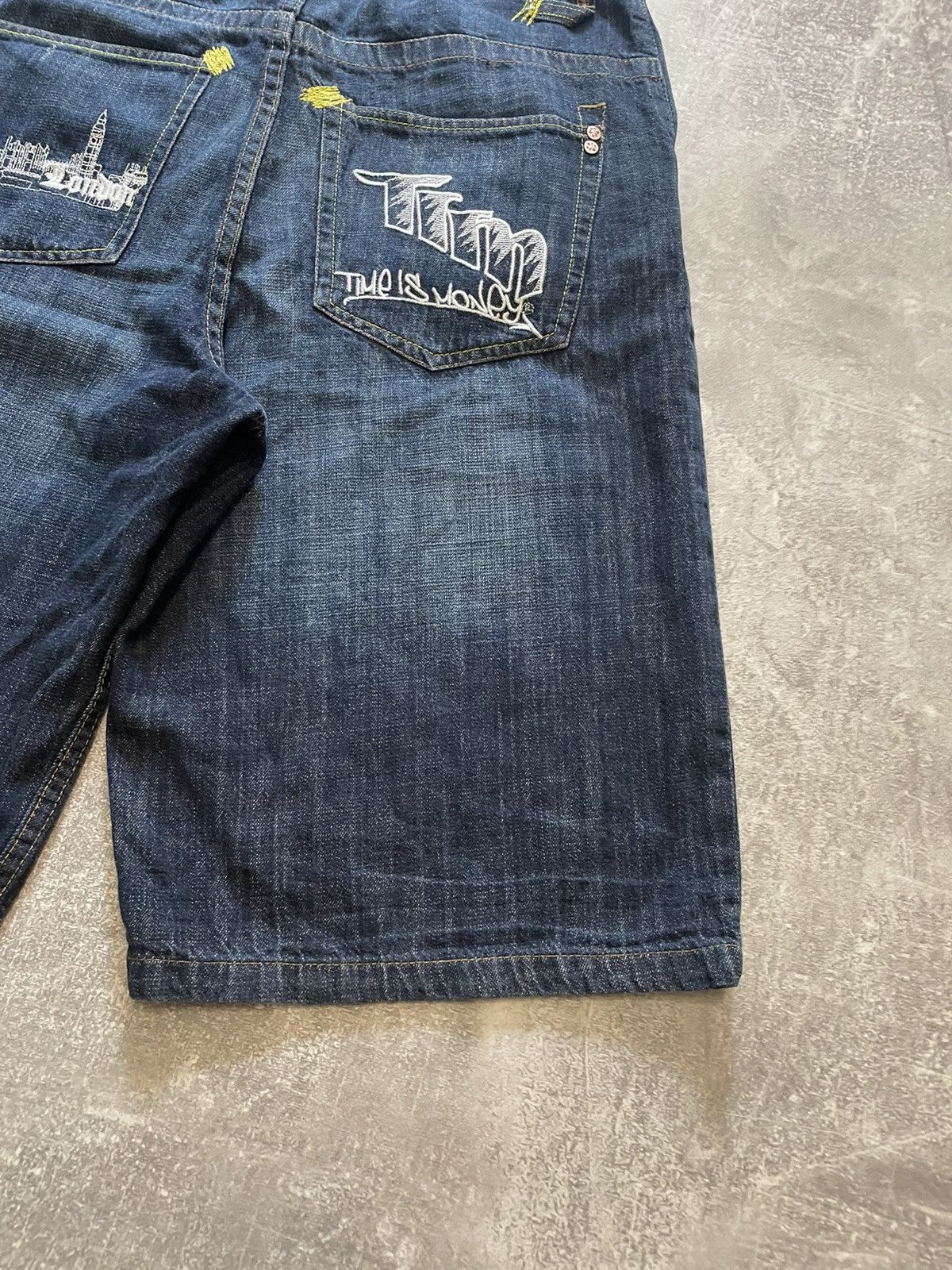 Time is Money Embroidered Logo Jnco Style Baggy Denim Shorts