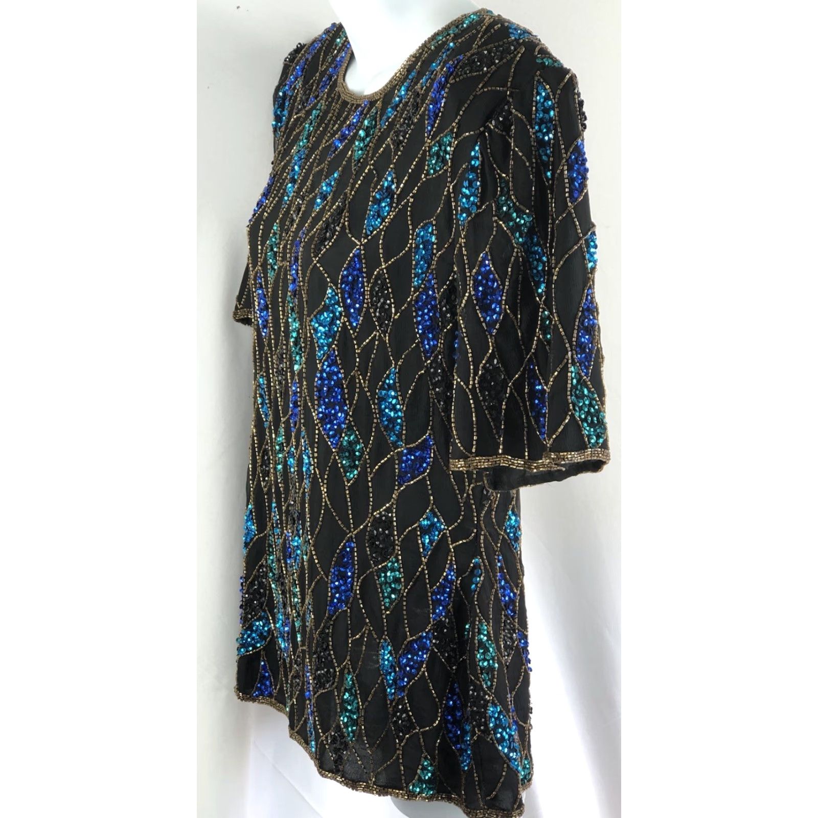 Vintage VINTAGE Scala Blouse 100% Silk Top Beaded Sequin Round Neck Short Sleeve Black Geometric 80s 90s Elegant Women's Petite XS-XL Size L / US 10 / IT 46 - 2 Thumbnail