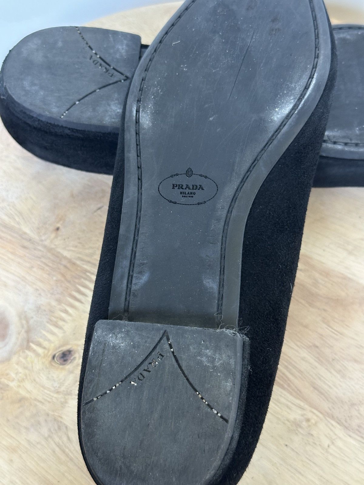 Prada Prada Black Suede Pointed Toe Ballet Flats With Metal Logo Size US 6 / IT 36 - 9 Thumbnail