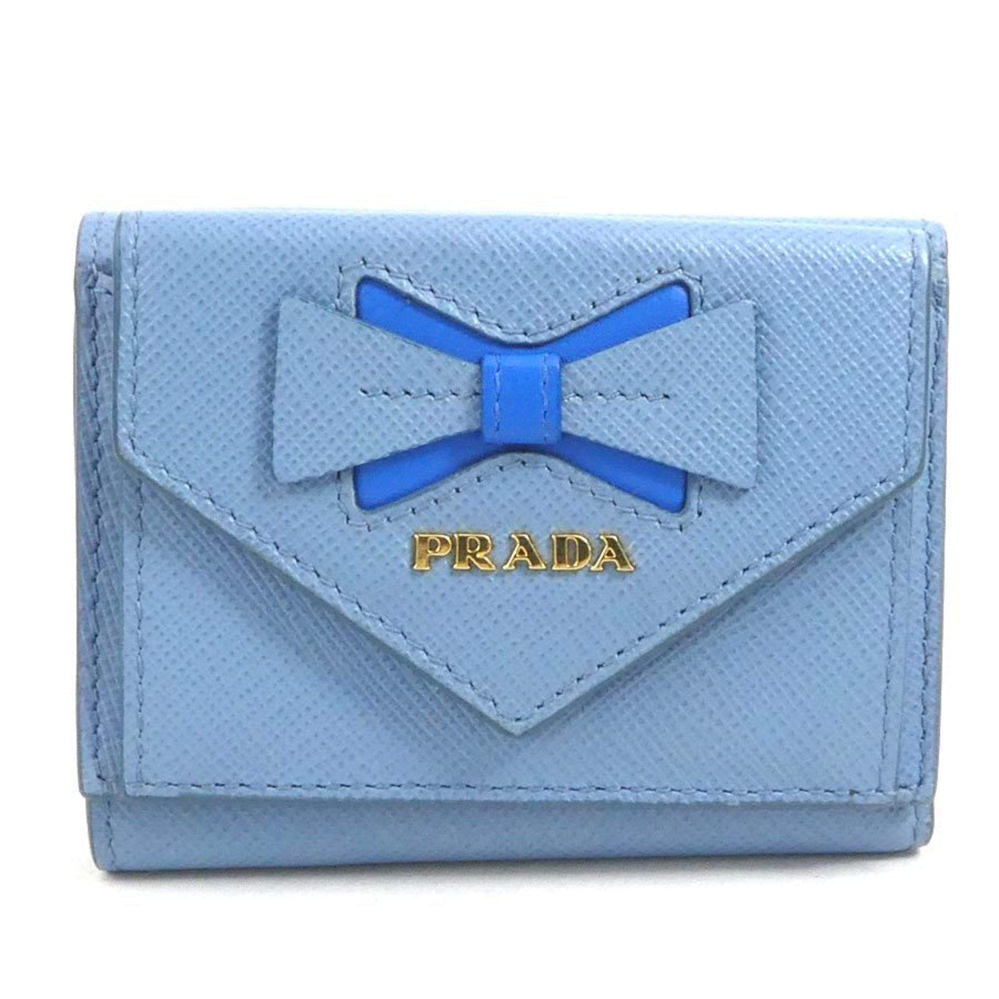 image of Prada Tri-Fold Wallet, Leather, Light Blue, For Women