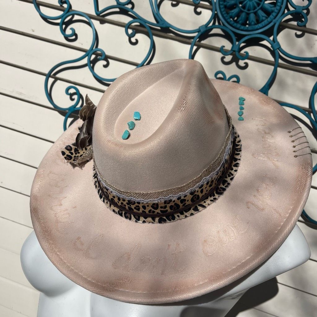 image of Handcrafted Hand Burned Hat | Wide Brim Hat | Branded Hat | Wildflowers in Cream, Women's