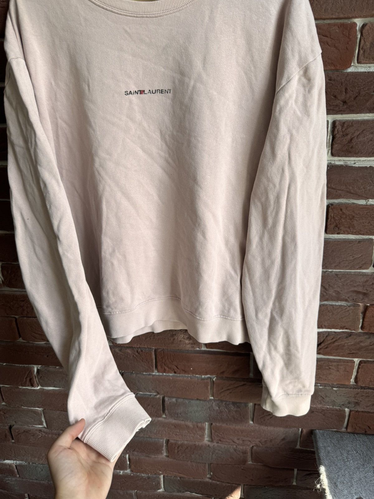 Designer × Saint Laurent Paris SLP Saint Laurent Distressed Center Logo Ash Pink Crewneck M Size US M / EU 48-50 / 2 - 8 Thumbnail