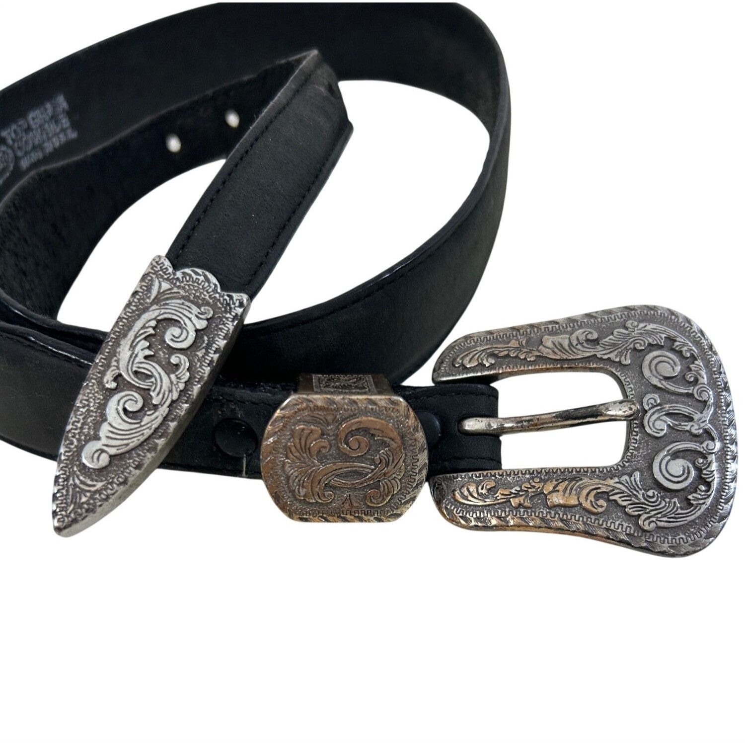 Justin Justin Belt Black 30 Vtg Leather USA Silver-plated 1993 Eng Size ONE SIZE - 17 Thumbnail
