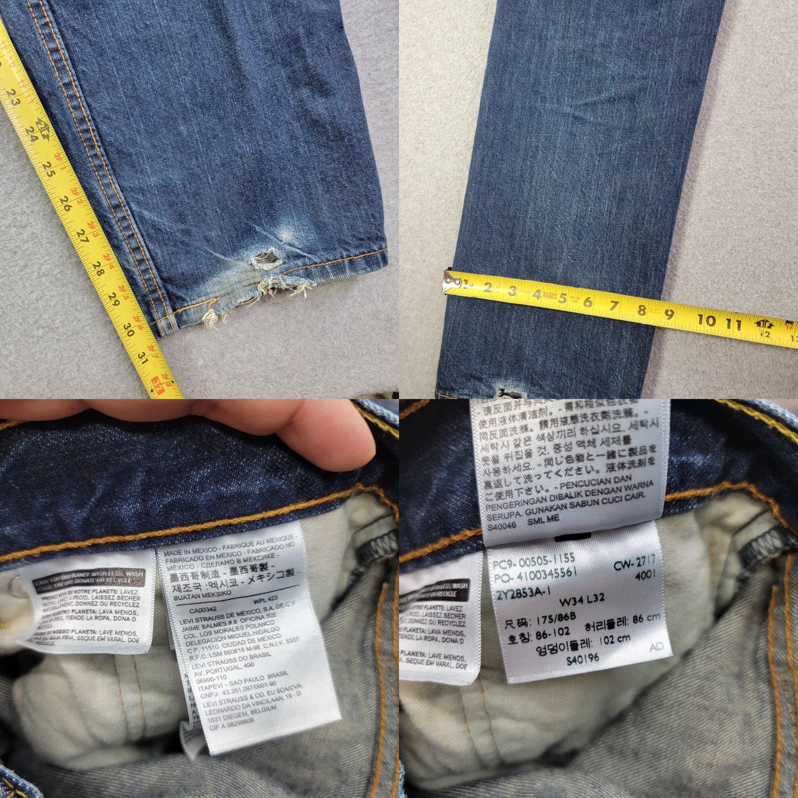 Levi's Levi's 505 Jeans Mens 34x32 Blue Medium Wash Regular Straight Distressed Denim Zip Fly Five-Pocket Leather Patch Red Tab Size US 34 / EU 50 - 9 Thumbnail