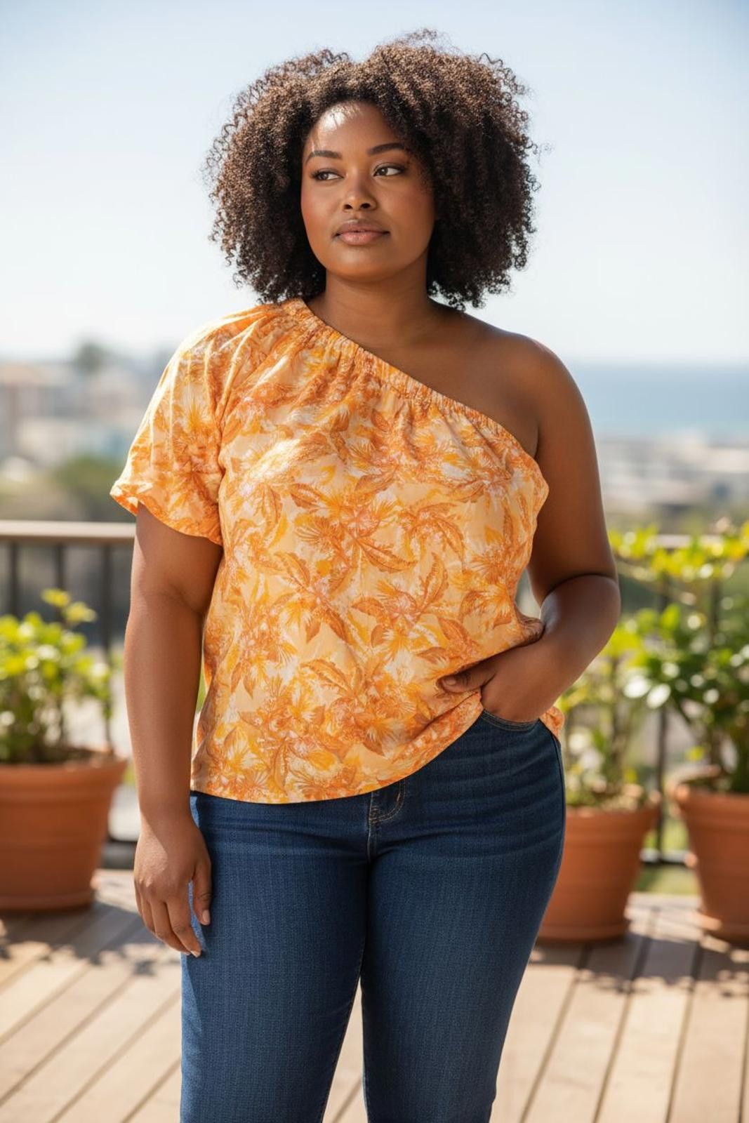 Other LOFT Women's One Shoulder Orange Floral Top Size XXL / US 16-18 / IT 52-54 - 2 Thumbnail