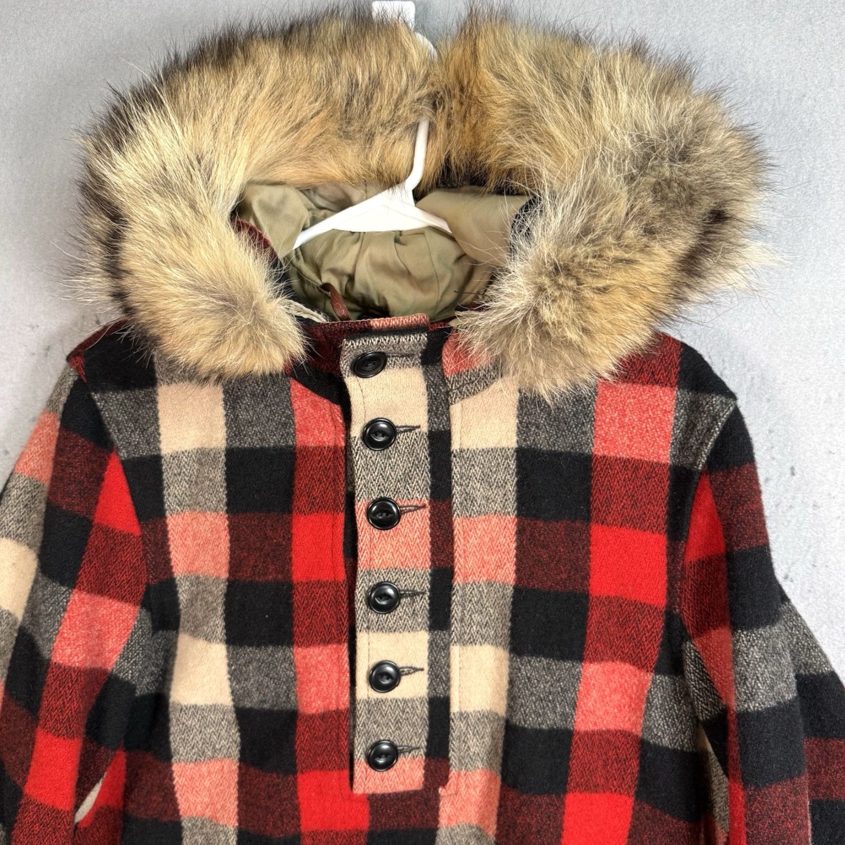VINTAGE Schott Bros Plaid Wool Coat Adult Small Red Fur Hood Anorak Mens