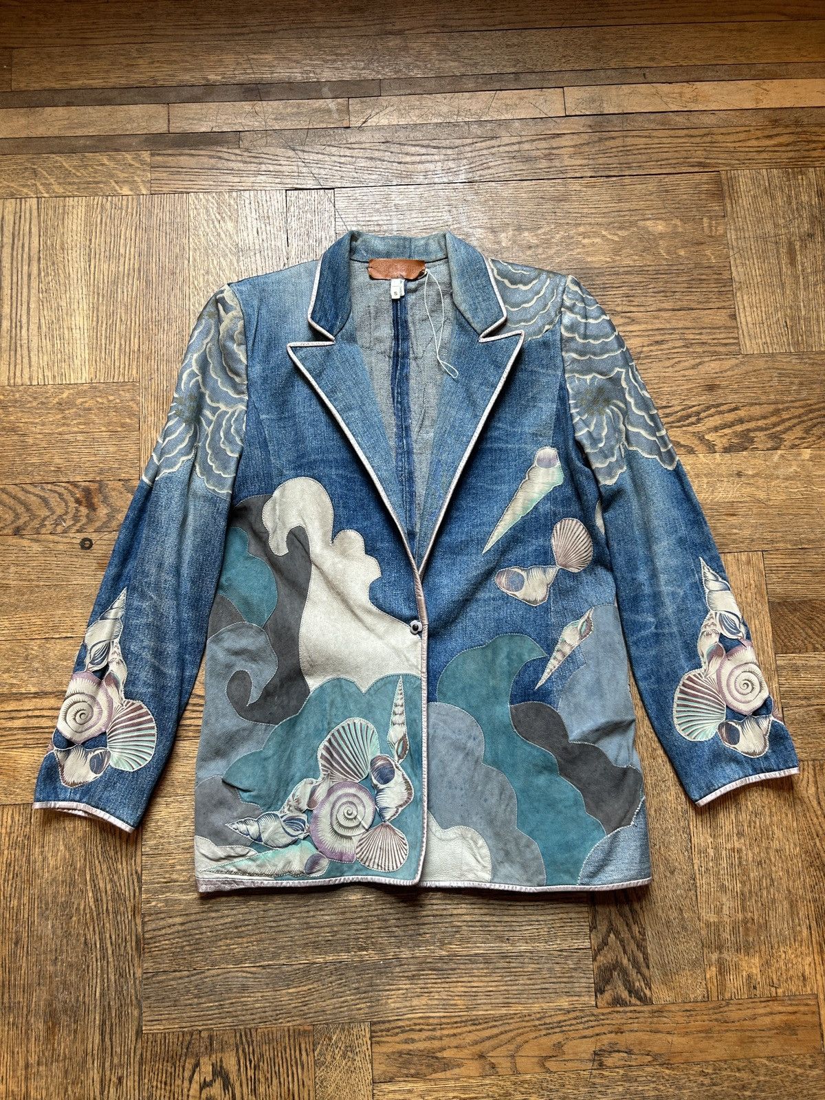 Roberto Cavalli 1970s Mermaid Patchwork Leather and Denim Blazer Size US S / EU 44-46 / 1 - 2 Thumbnail
