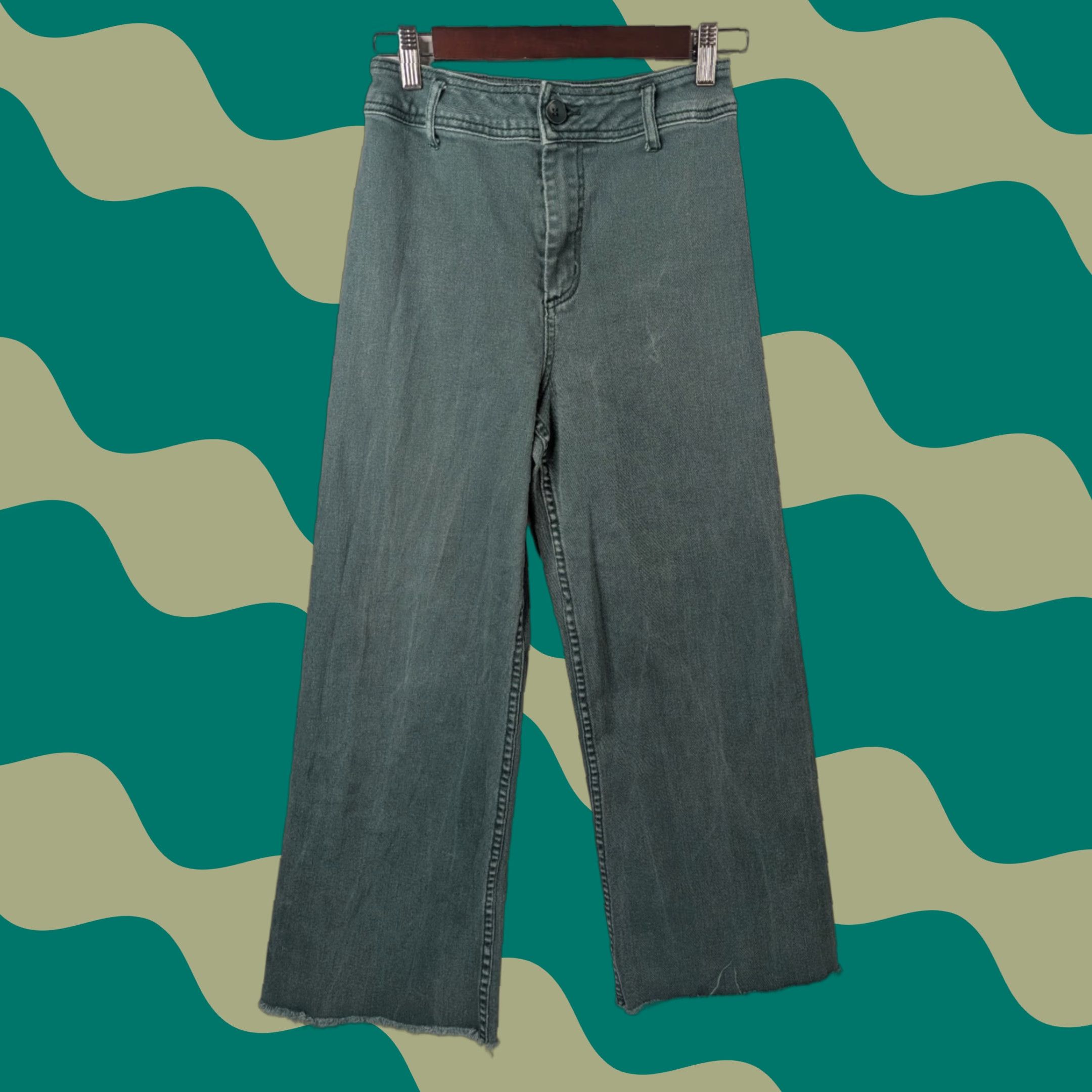 Vintage VINTAGE Miou Muse Jeans Women Medium Green Wide Leg Raw Hem High Rise Cotton Blend Size 32" / US 10 / IT 46 - 1 Thumbnail