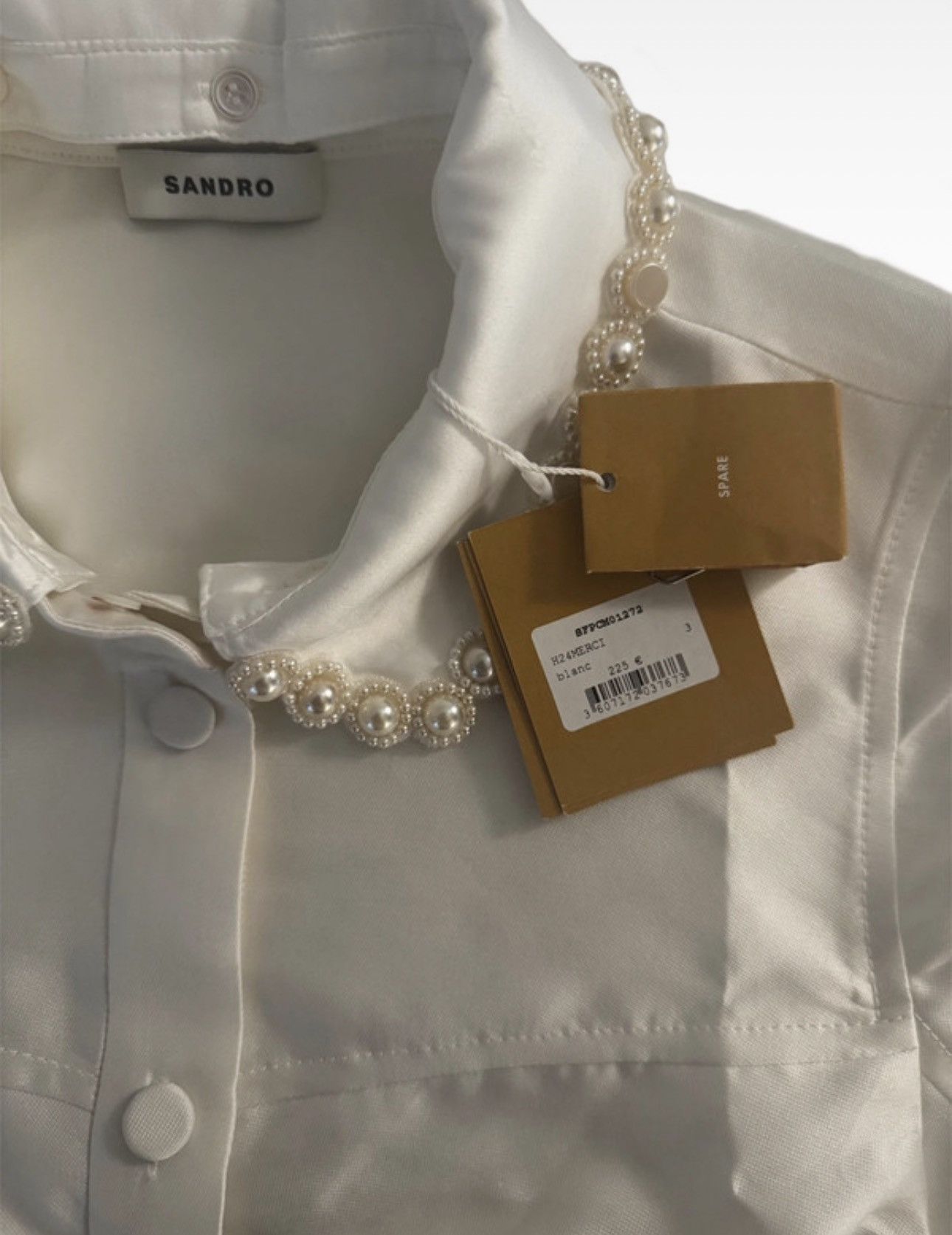 Sandro White Cropped Satin Top with Pearl Collar Size S / US 4 / IT 40 - 3 Thumbnail