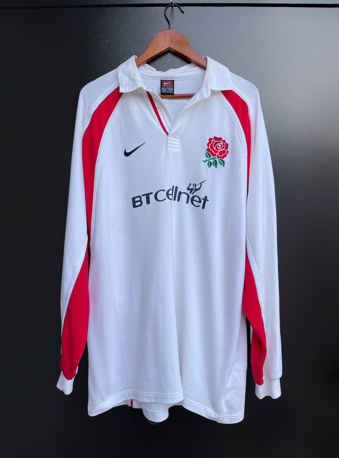 Maillot Vintage Angleterre Nike, Blanc Et Rouge, Sponsor BT Cellnet, Taille L