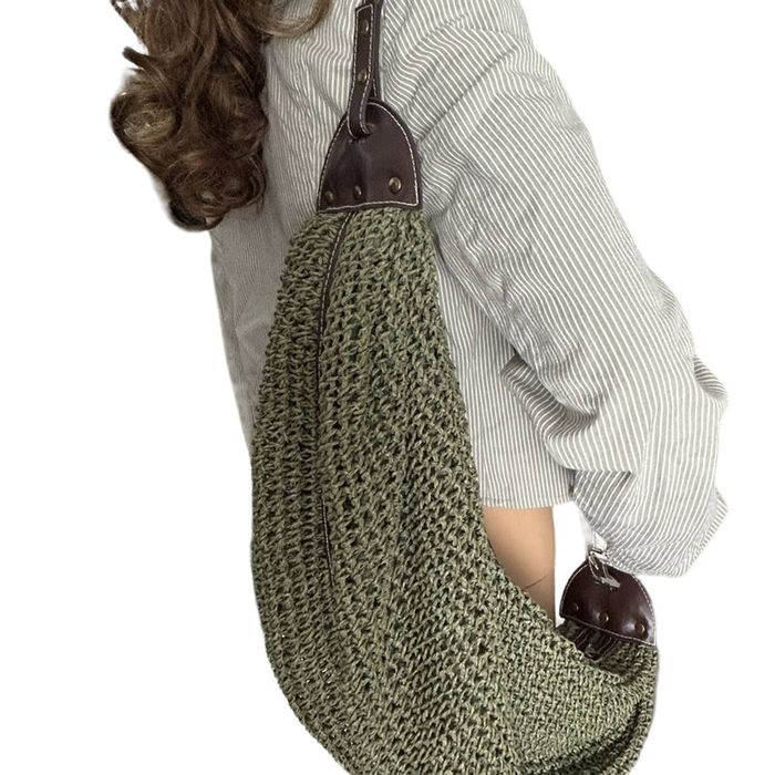 Vintage Army green woven straw crossbody hobo women’s or unisex bag