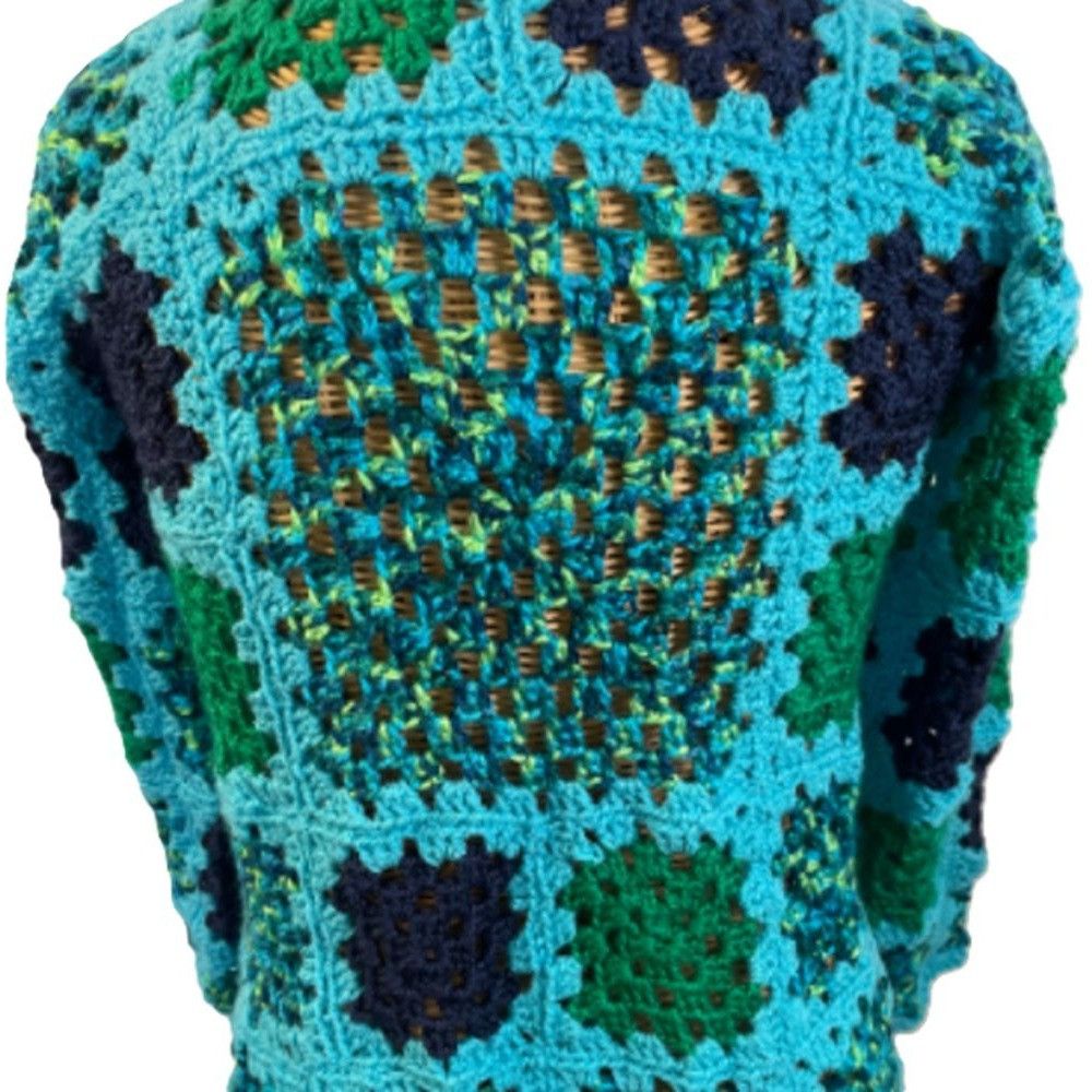 Handmade Crochet Cardigan Sweater Granny Square Turquoise Blue Green Size ONE SIZE - 3 Thumbnail