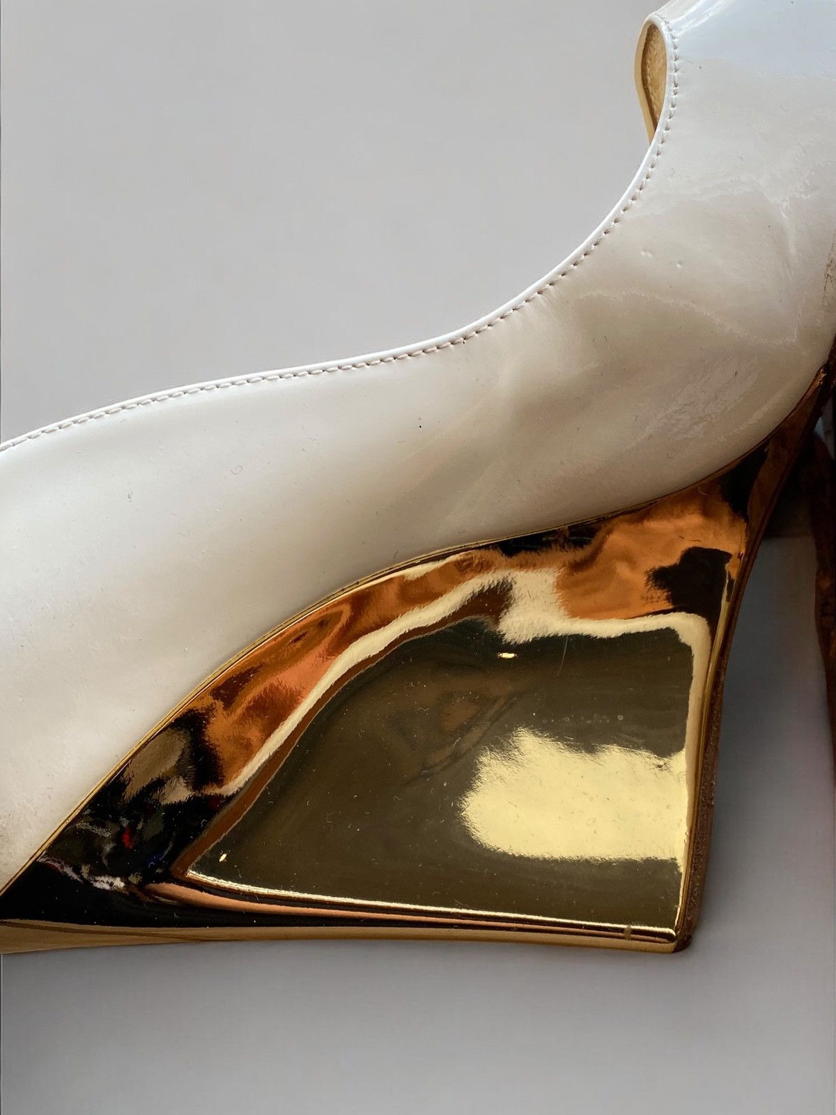 Jimmy Choo Jimmy Choo White Gold Patent Leather Peep Toe Heels Size US 7 / IT 37 - 7 Thumbnail