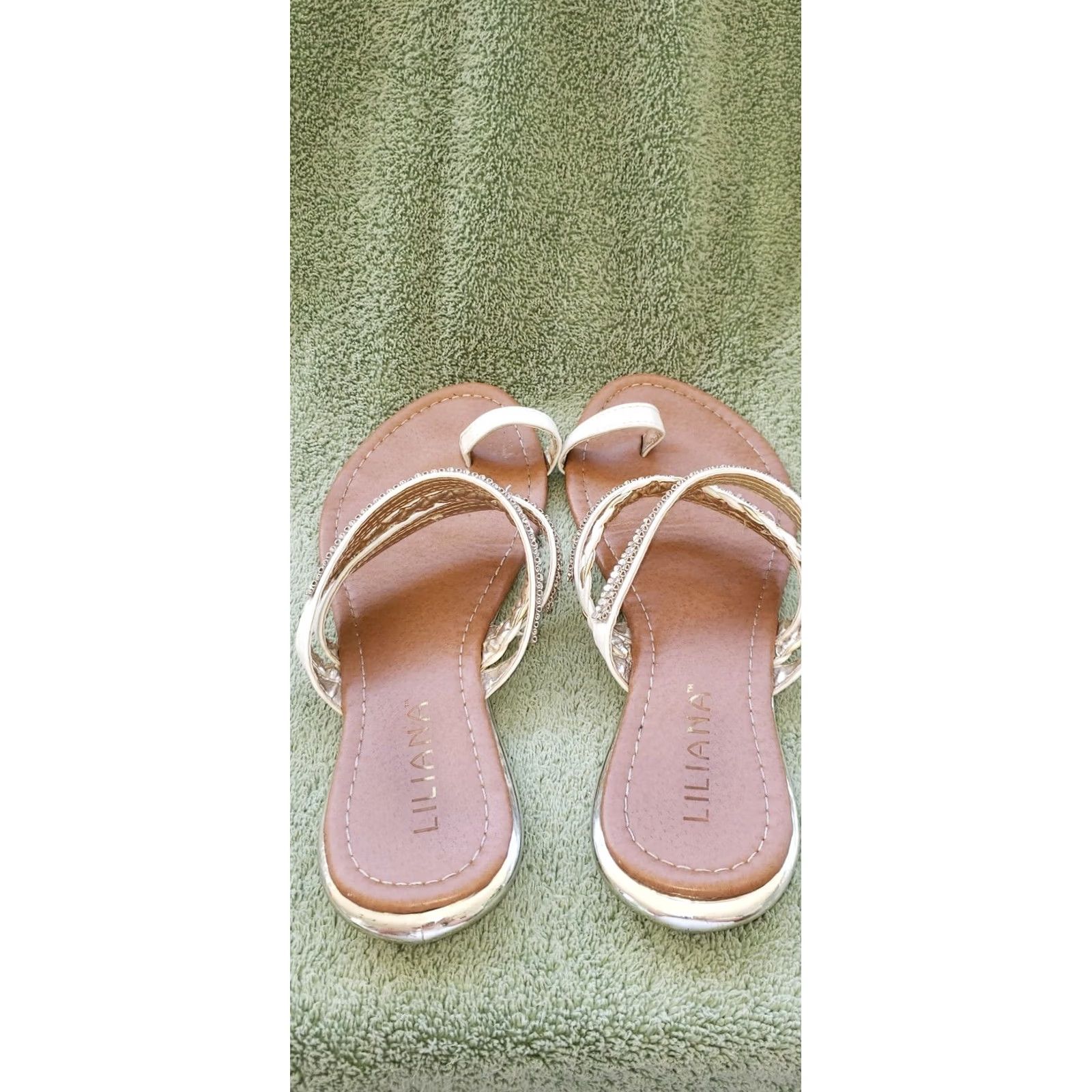 Vintage Liliana Toe Sling Sandal Slide In White with Rhinestones And Gold Leather Weave Sandal Women 10M Size US 8 / IT 38 - 4 Thumbnail