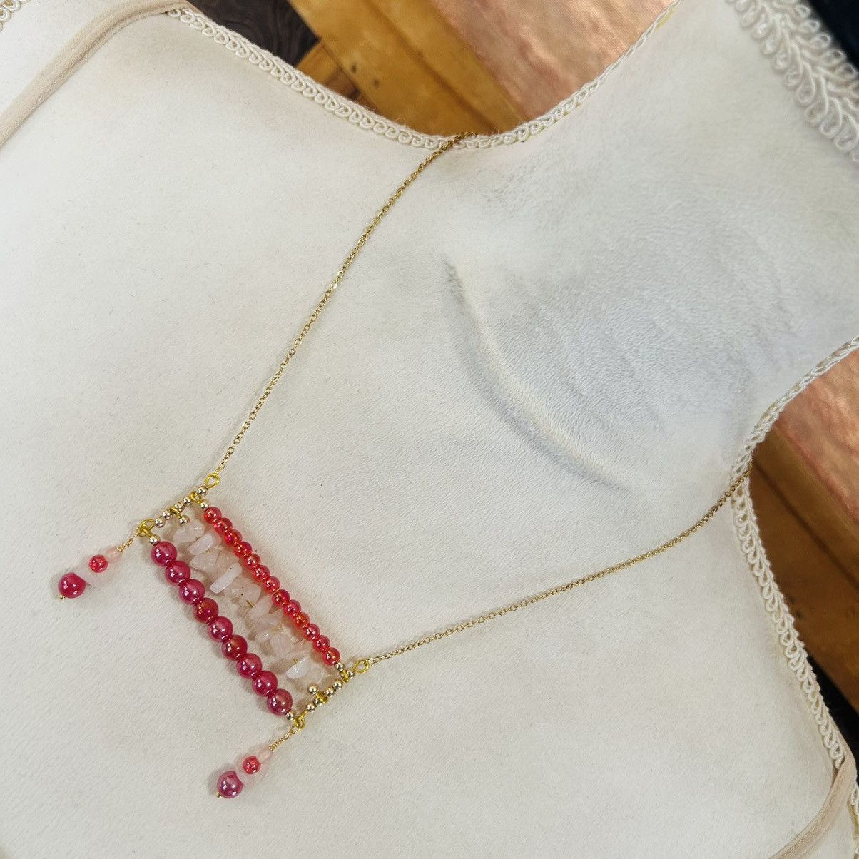 Handmade Handcrafted triple row bar stone rose quartz necklace Size ONE SIZE - 1 Thumbnail