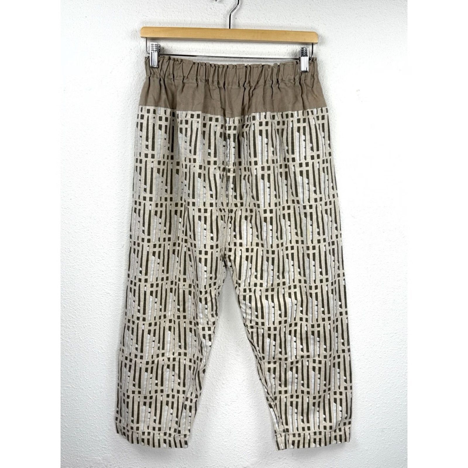 Vintage Miranda Bennett Pants Womens Small Pull On Elastic Waistband Linen Cropped Beig e Geometric Casual Travel Medium? Size 28" / US 6 / IT 42 - 2 Thumbnail