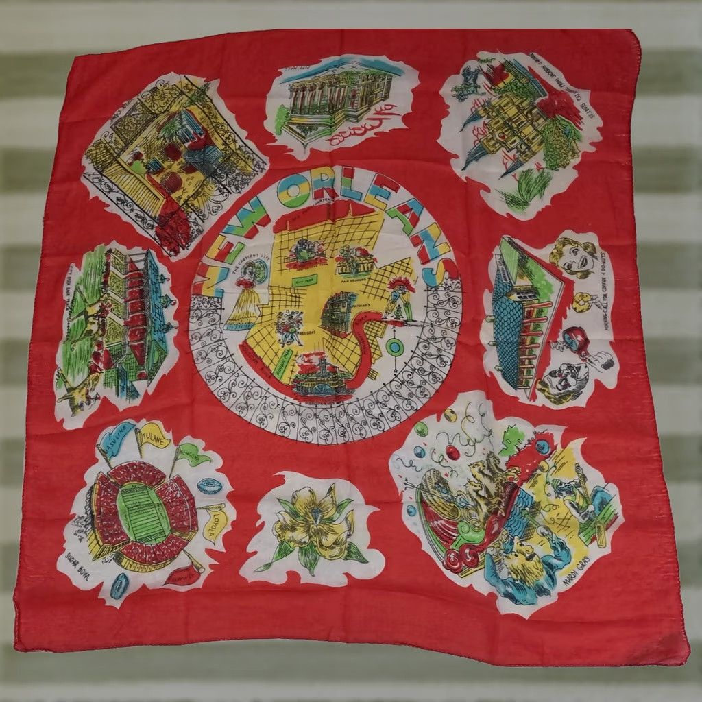 Vintage VINTAGE Pure Silk Scarf Wrap 32x32 New Orleans Mardi Gras-The Crescent City 1940s Boho Unisex Adult Mens Womens Size ONE SIZE - 1 Thumbnail