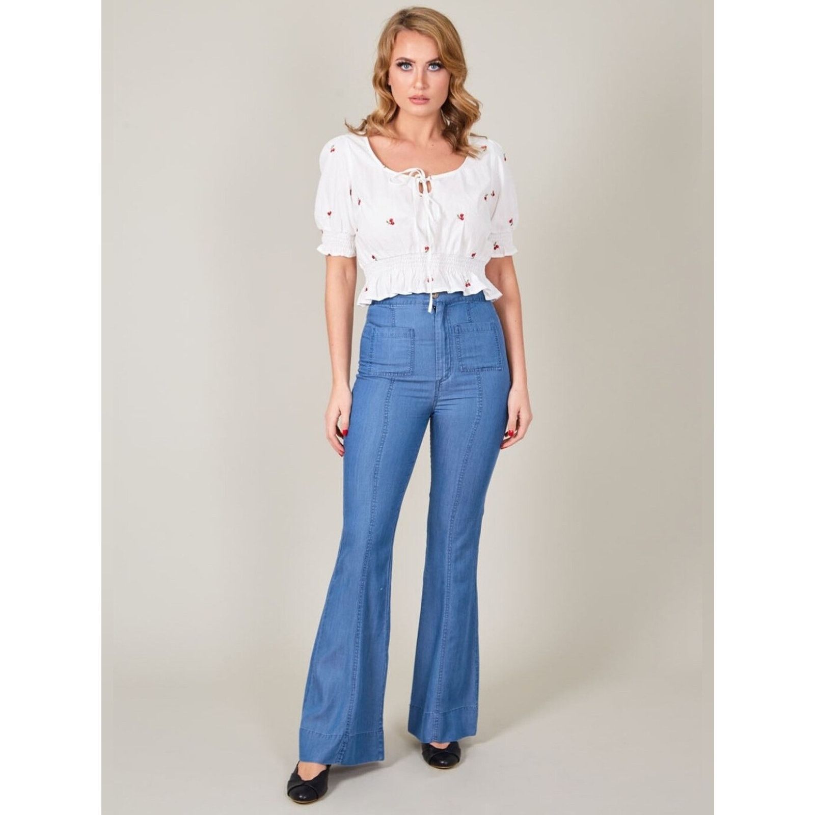 Vintage Voodoo Vixen Shimmering Chambray High-Waist Flare Jeans XL Size 32" / US 10 / IT 46 - 3 Thumbnail