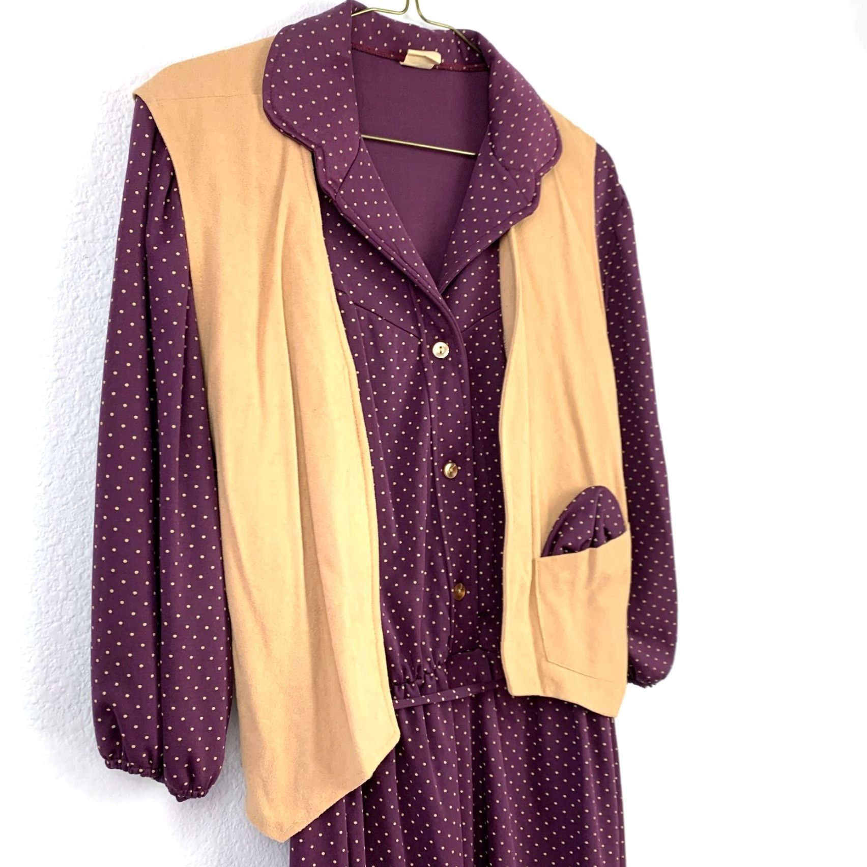 Vintage Vintage Purple Polka Dot Jersey Dress Faux Suede Vest Outfit Size 16 Size XXL / US 16-18 / IT 52-54 - 2 Thumbnail