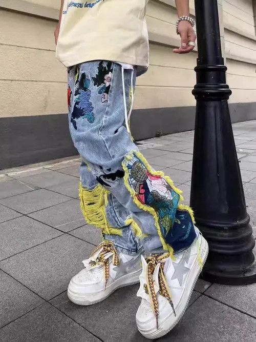 Japanese Brand × Jean Retro heavy embroidery ripped washed distressed jeans Size US 33 - 3 Thumbnail