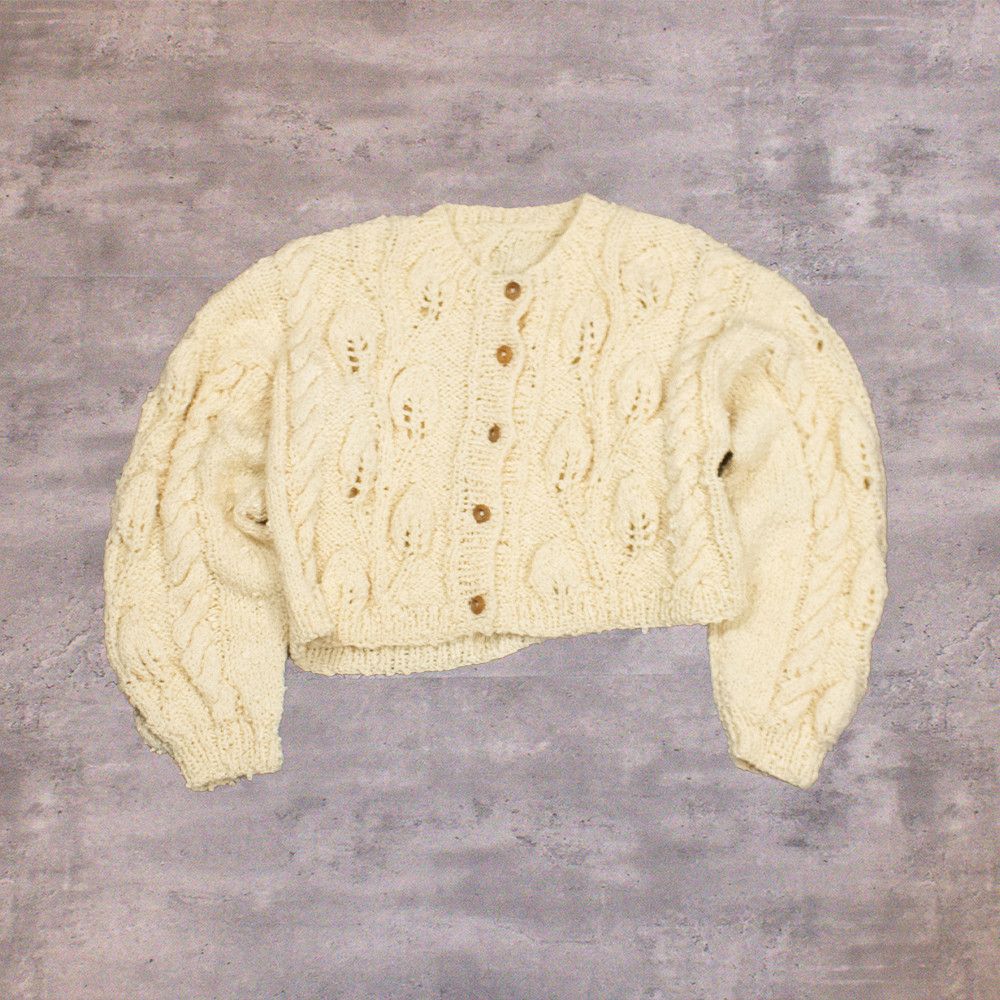 Japanese Brand VTG's 80's Flower Cable Cream Brown Cropped Cardigan Sweater Size US L / EU 52-54 / 3 - 1 Thumbnail