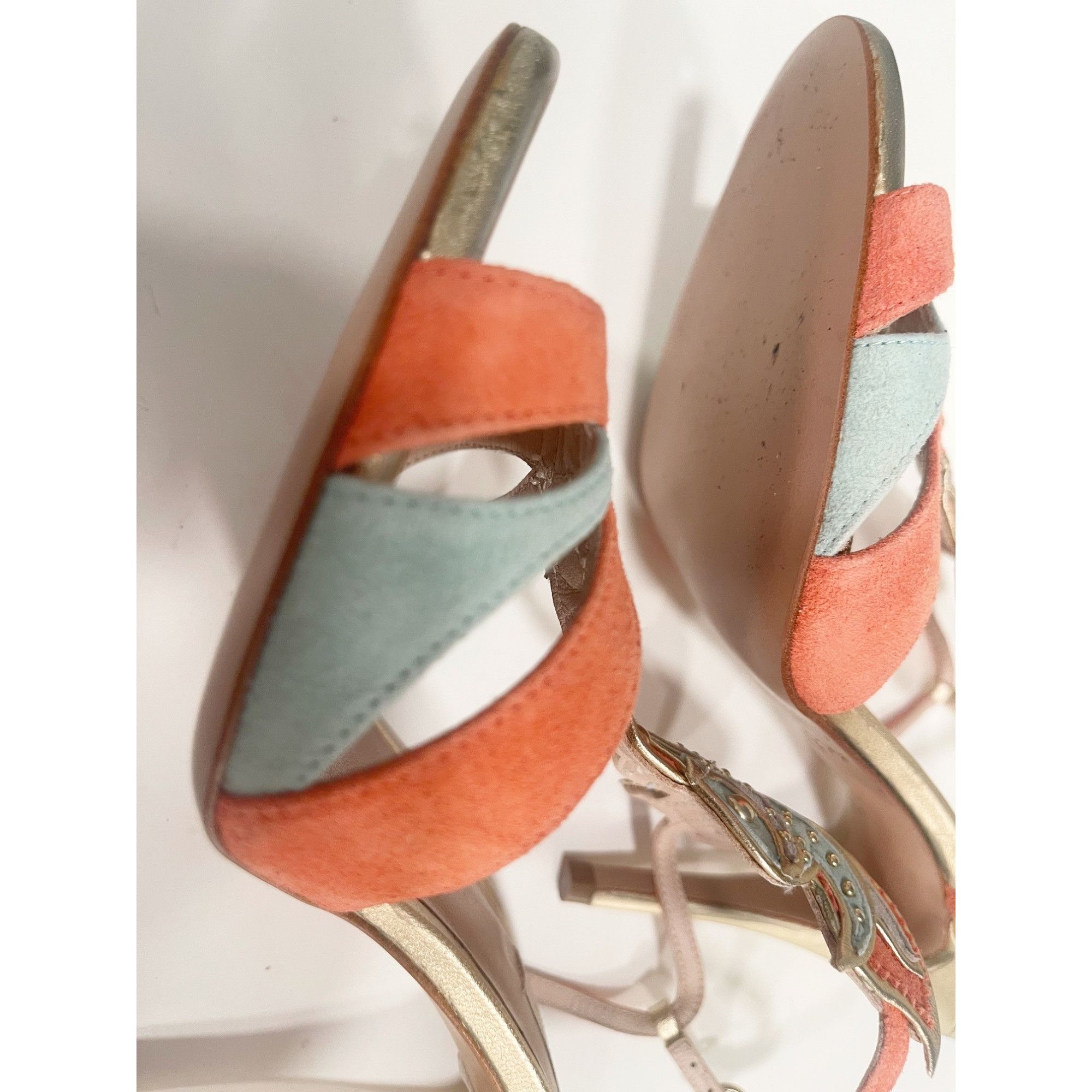 Other Pura Lopez Coral & Mint Leather & Suede Strappy Heels With G Size US 7.5 / IT 37.5 - 5 Thumbnail