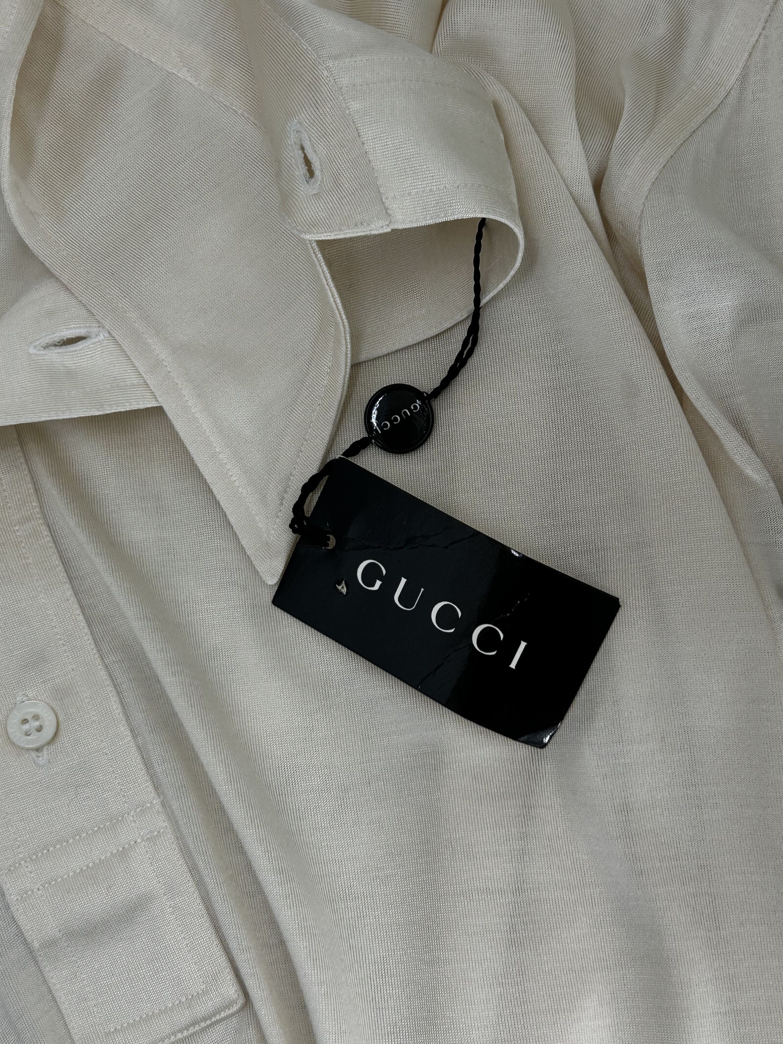 Gucci Gucci Ivory Silk Long Plaquette Polo Style Shirt With Cuffs Size US L / EU 52-54 / 3 - 4 Thumbnail