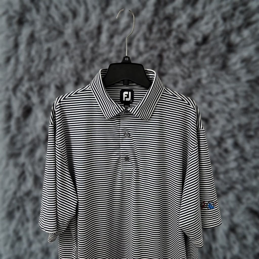 Footjoy FootJoy Polo Shirt Mens L White Blue Striped Golf Performance Short Sleeve Shirt Geometry Logo Size US L / EU 52-54 / 3 - 1 Thumbnail