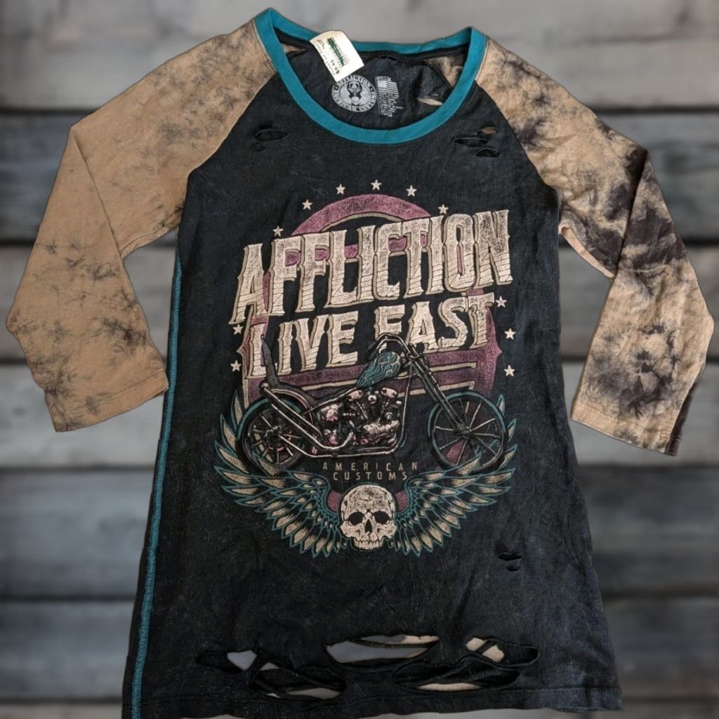 Affliction VINTAGE Affliction Shirt Motorcycle Skull Distressed Tie Dye Crew Neck Long Sleeve Womens M Black Graphic Print Pullover 90s Biker Style Size M / US 6-8 / IT 42-44 - 1 Thumbnail