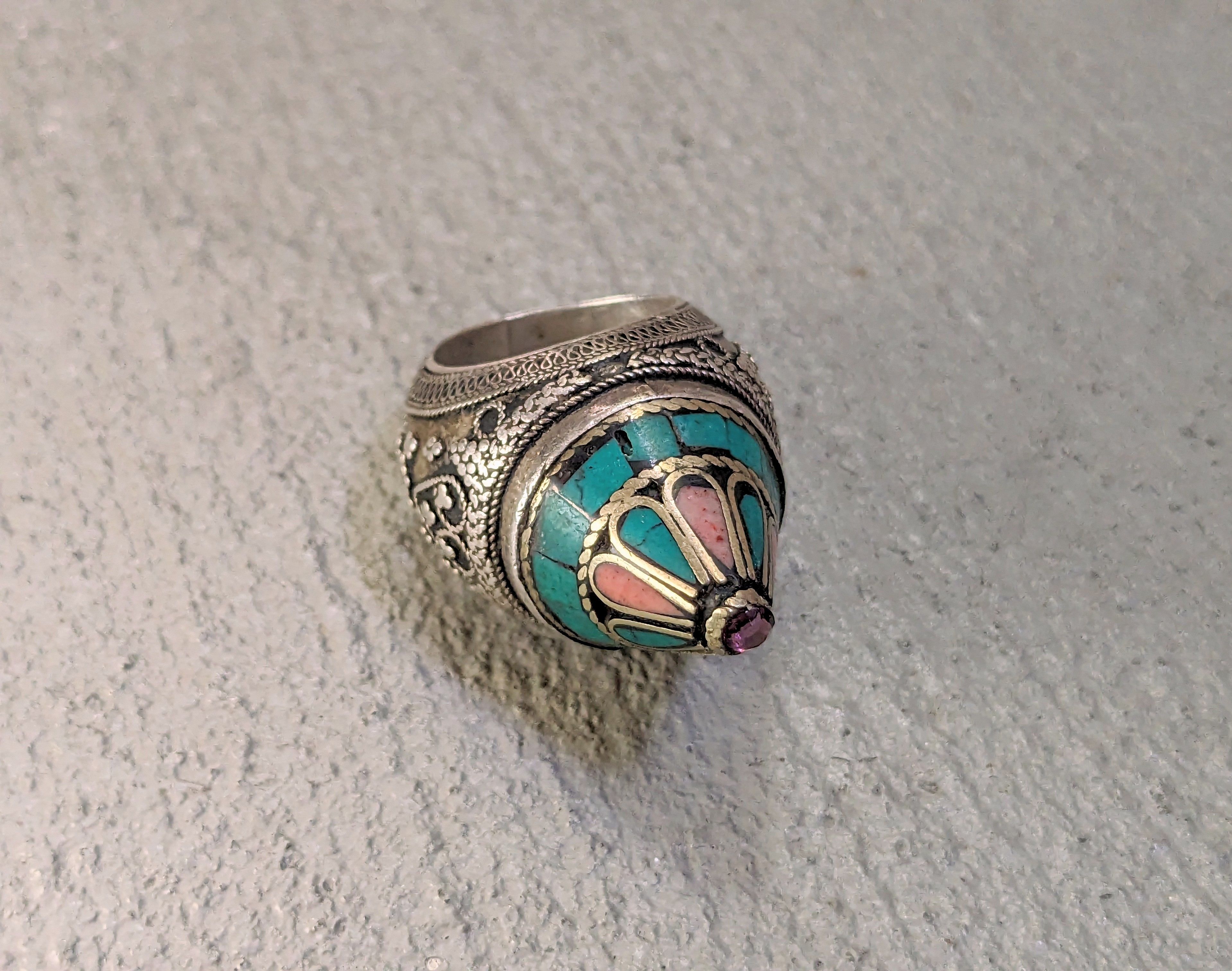 Jewelry Vintage Coral Turquoise Ring 8.5 Tribal Kuchi Afghanistan Size ONE SIZE - 2 Thumbnail