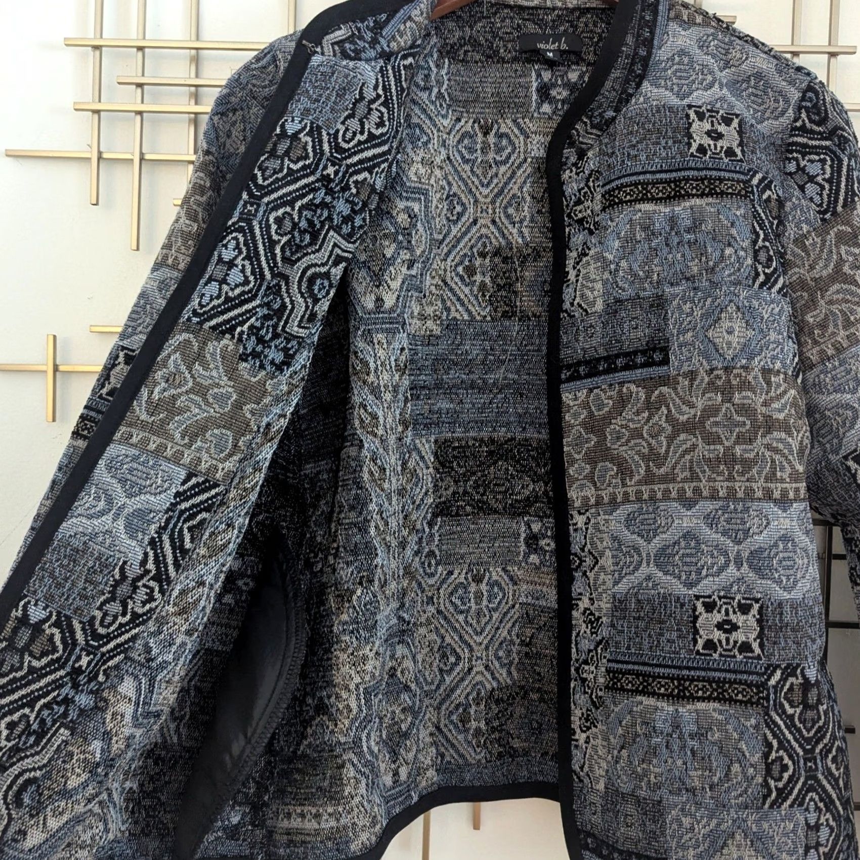 Vintage Violet B Patchwork Tapestry Collarless Open Front Jacket Blue Grey Women's Sz M Size M / US 6-8 / IT 42-44 - 3 Thumbnail
