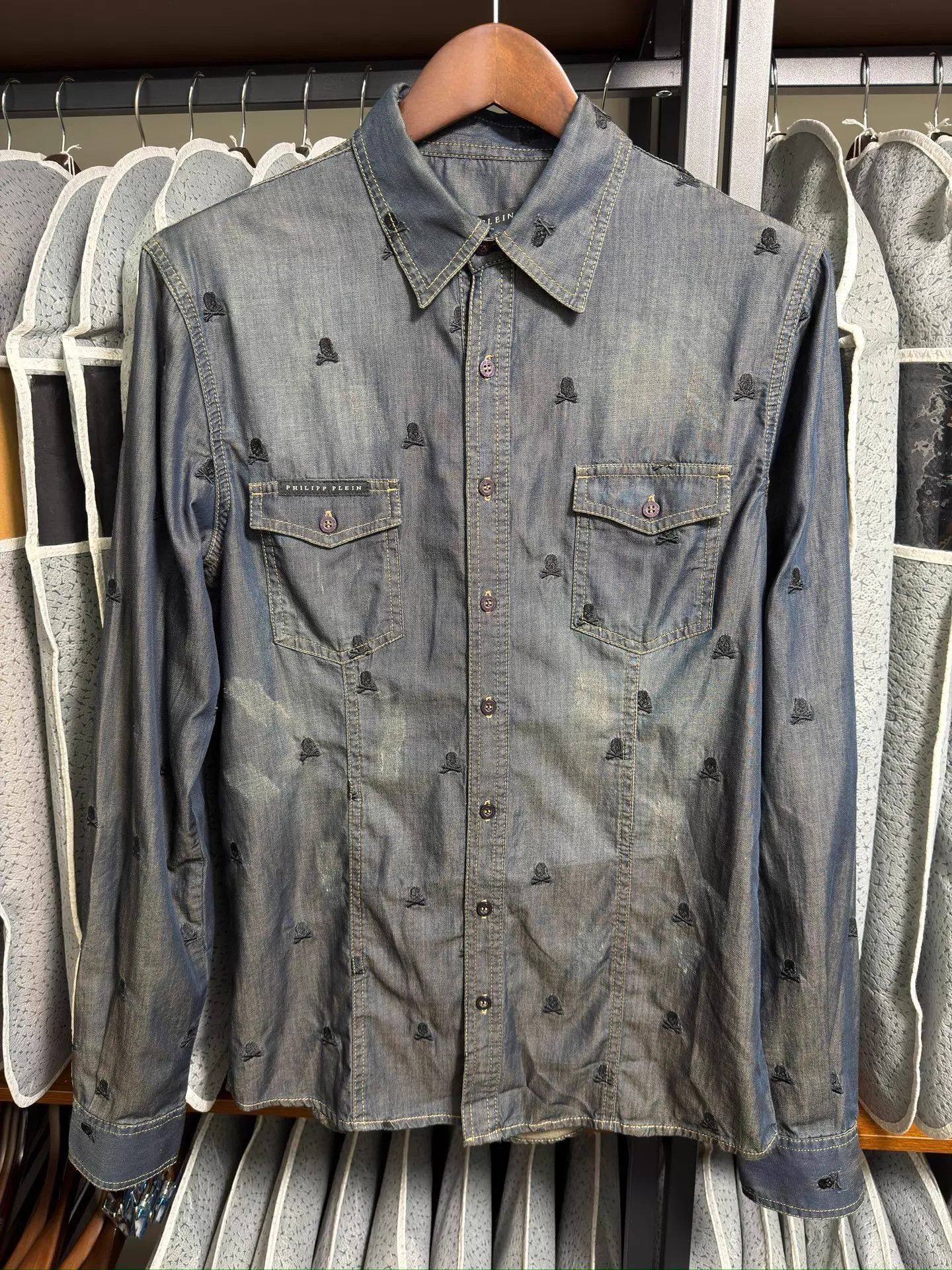 Philipp Plein Blue Embroidered Skull Denim Button-Up Shirt Size US XXS / EU 40 - 1 Thumbnail