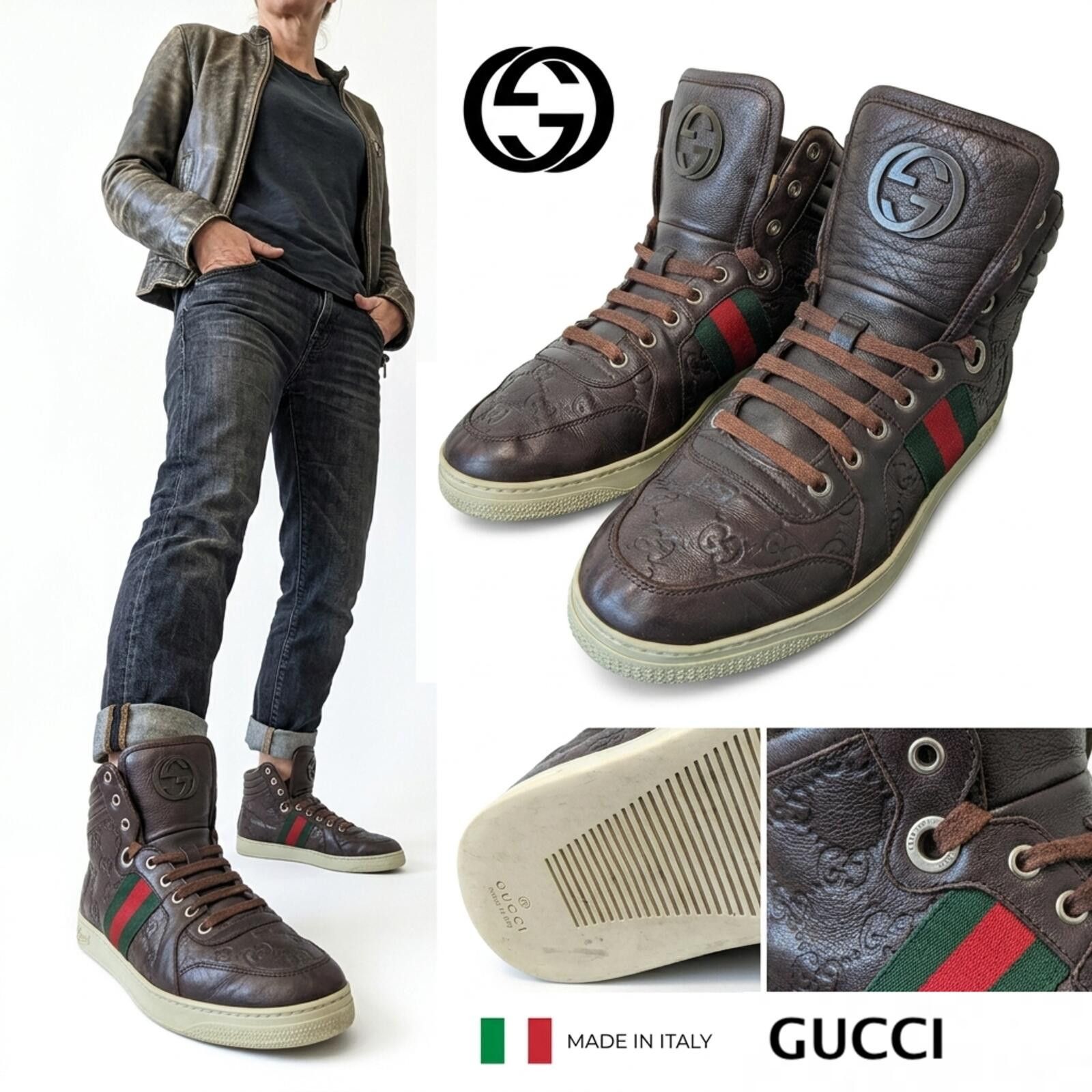 Gucci Gucci Guccissima Men High-Top Leather Sneakers Italy Brown 7 Size US 7 / EU 40 - 1 Thumbnail