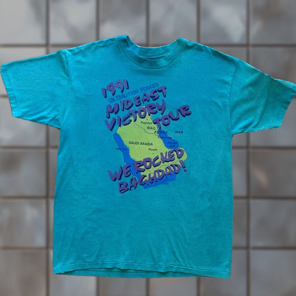 Altea VINTAGE Mideast Victory Tour Shirt XL Teal Rocked Baghdad 80s Army Guns Shirt Mens XL Blue Cotton T-Shirt Graphic Print Limited Edition Vintage Size US XL / EU 56 / 4 - 1 Thumbnail