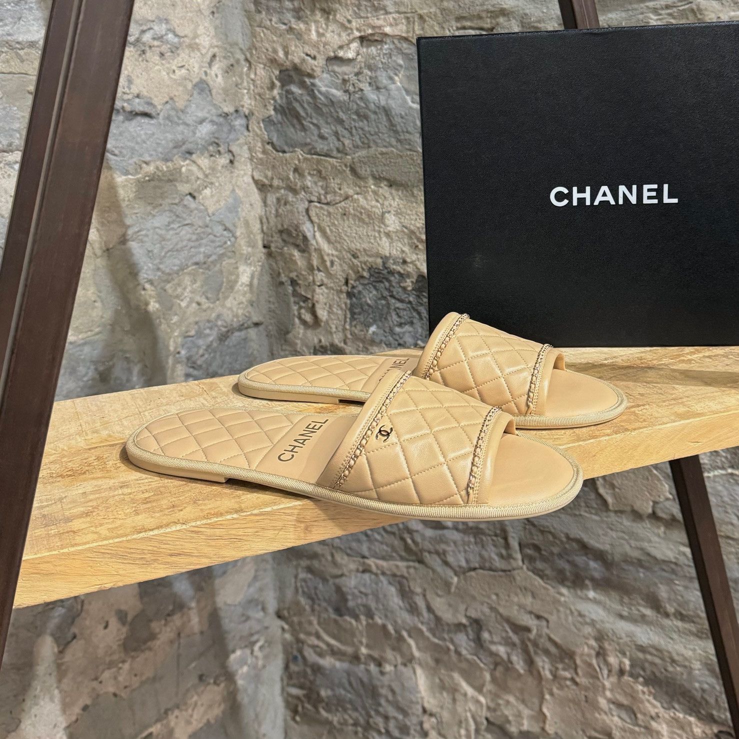 image of Chanel Beige Quilted Leather Cc Chain Link Slipper Sandals, Women's (Size 11)
