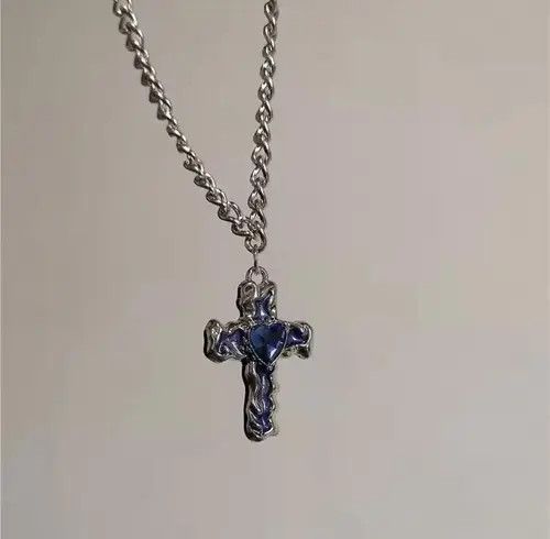 Other Silver Cross Necklace with Blue Heart Stone Size ONE SIZE - 6 Thumbnail