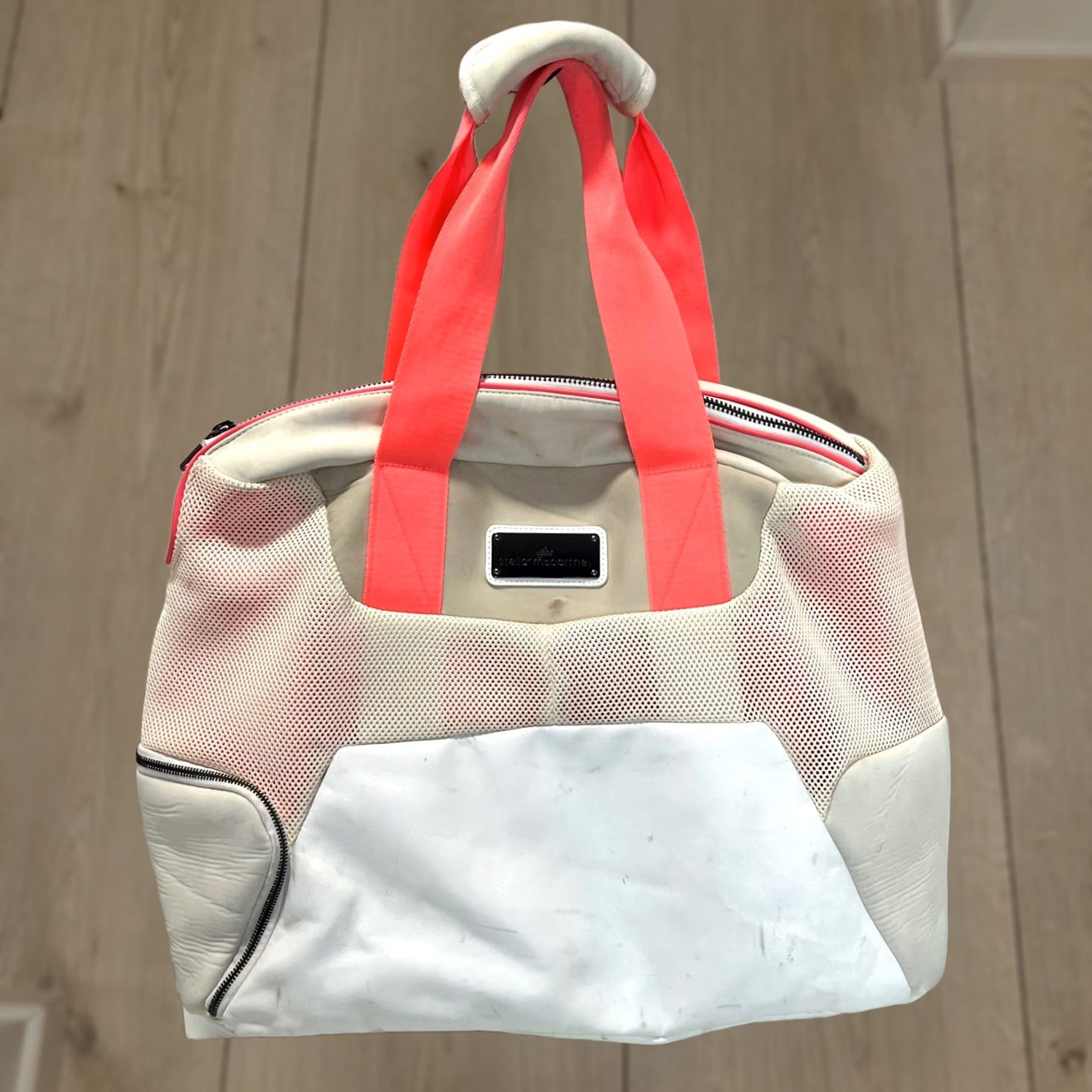 Stella McCartney Adidas by Stella McCartney Gym Bag Large White Tan Neon Coral Mesh Duffel AX8257 Womens Size ONE SIZE - 1 Thumbnail