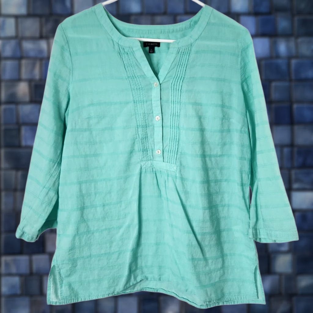 Talbots Talbots Womens L Top Lightweight Shirt 3/4 Sleeve Striped Pleated Cotton Green Size L / US 10 / IT 46 - 1 Thumbnail