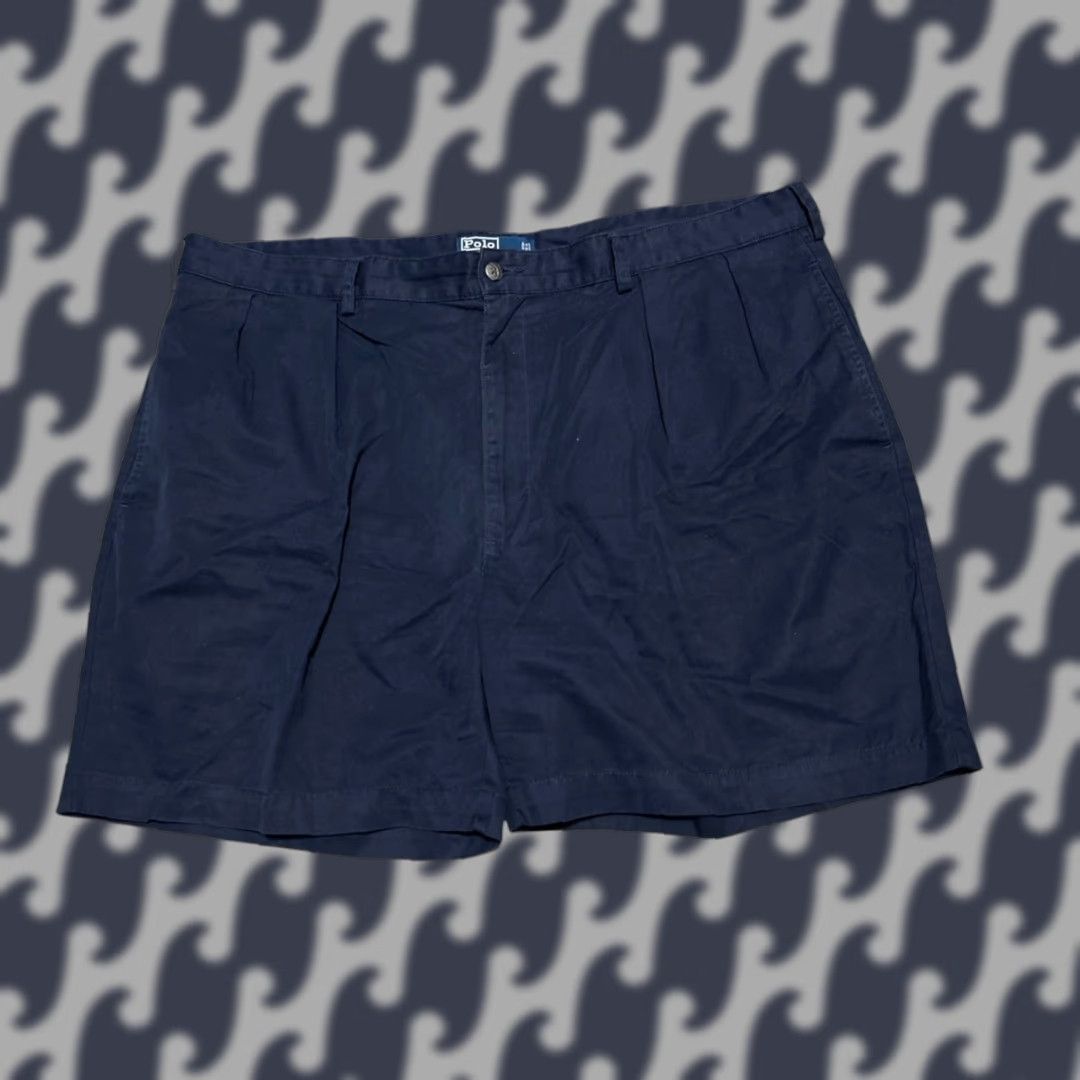 VINTAGE Polo Ralph Lauren Shorts Men 42 Twill Pleated Navy Blue 90s Classic Casual