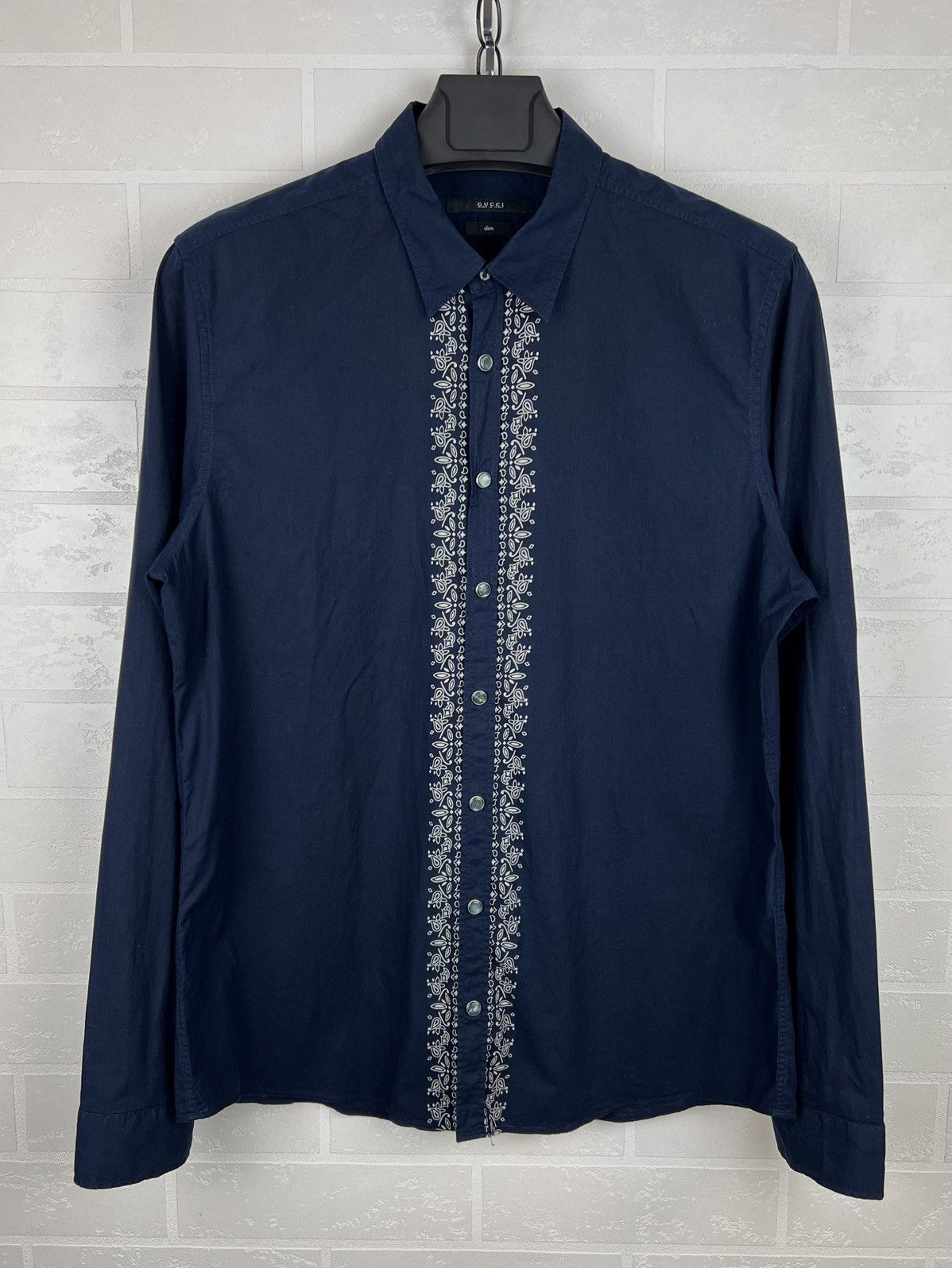 GUCCI Shirt Button Up Printed Embroidery Slim Fit Navy Men's