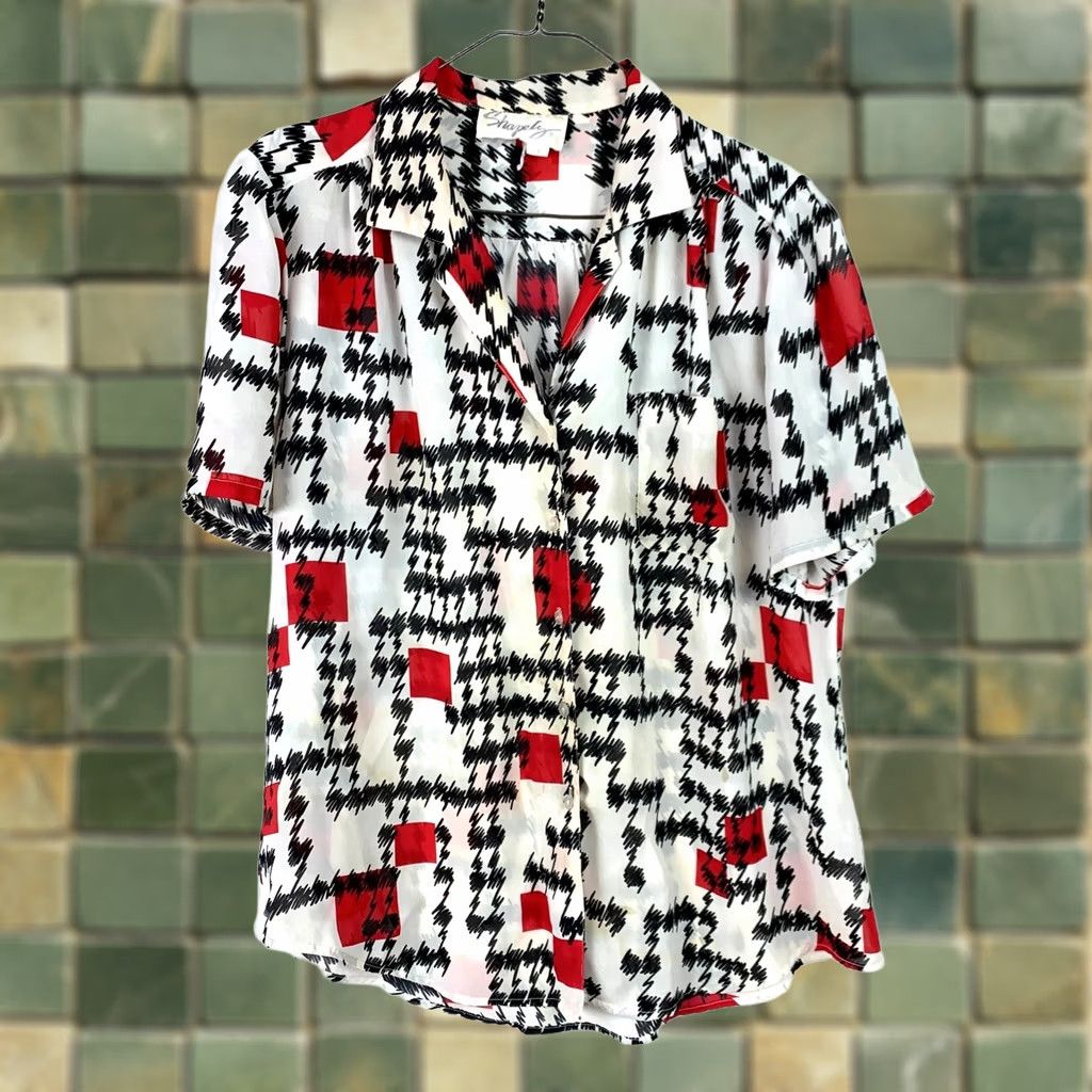 Vintage VINTAGE Shapely Shirt 80s White Geometric Silky Button Up Camp 14 Mens Size XL / US 12-14 / IT 48-50 - 1 Thumbnail