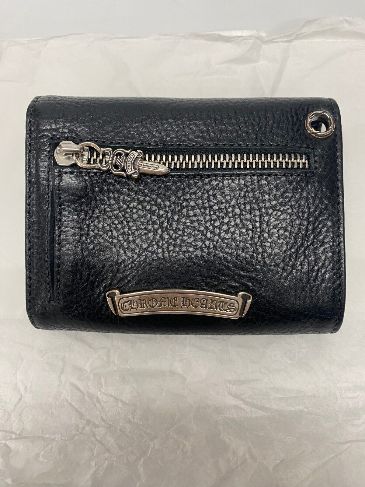 image of Chrome Hearts Mini Wave Tri Fold Leather Wallet in Black, Men's