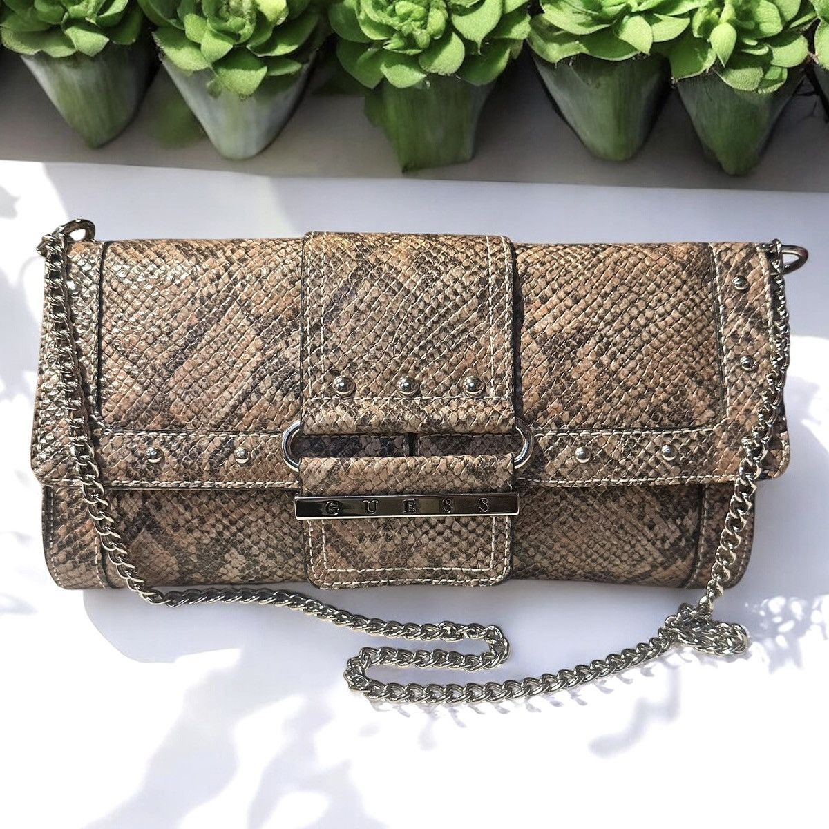 Vintage Guess Snakeskin Chain Strap Clutch/shoulder Bag in Brown, Women's