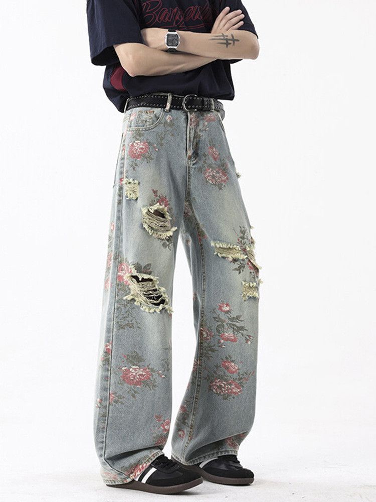 Japanese Brand Men's American high street flared rose pattern ripped jeans Size US 32 / EU 48 - 3 Thumbnail