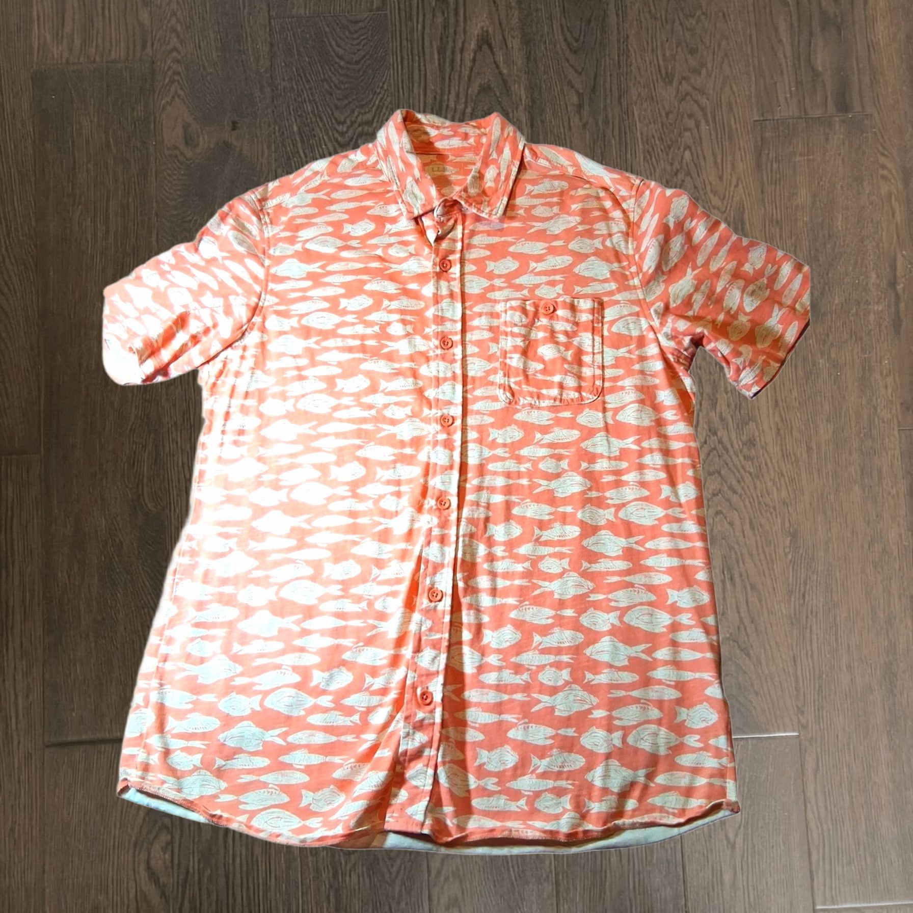 L.L.Bean Shirt Mens Large Orange Fish Print Organic Cotton Jersey Button Down, Men's