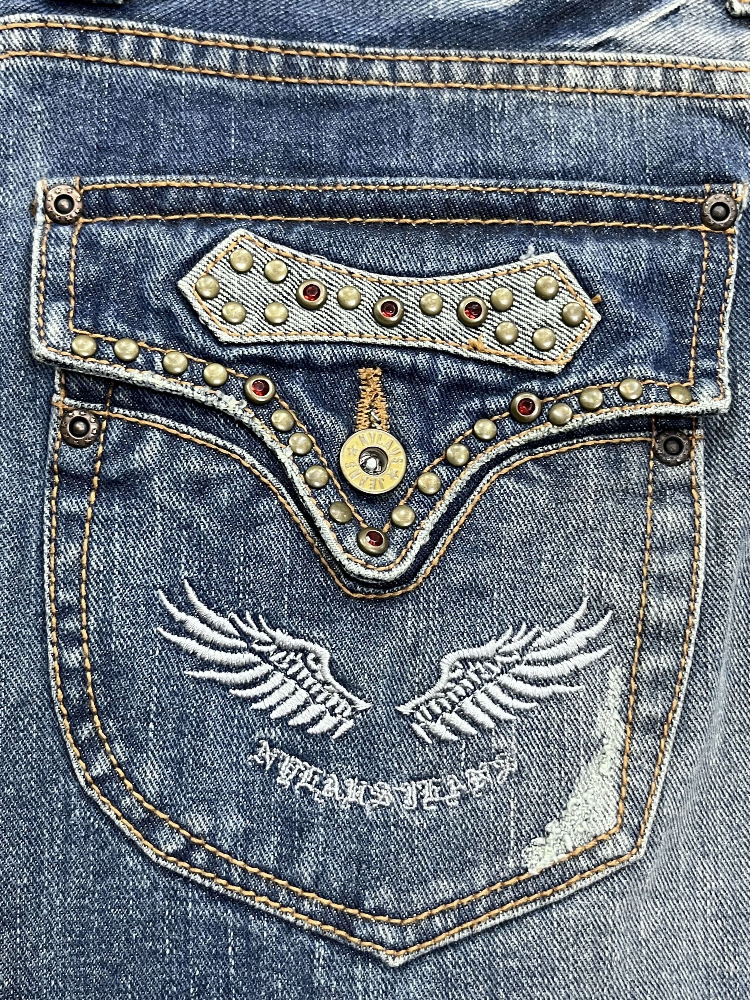 If Six Was Nine FYE🔥NYLAUS Clawmark Whisker Studded Gems Flap Flare Jeans Size US 30 / EU 46 - 5 Thumbnail